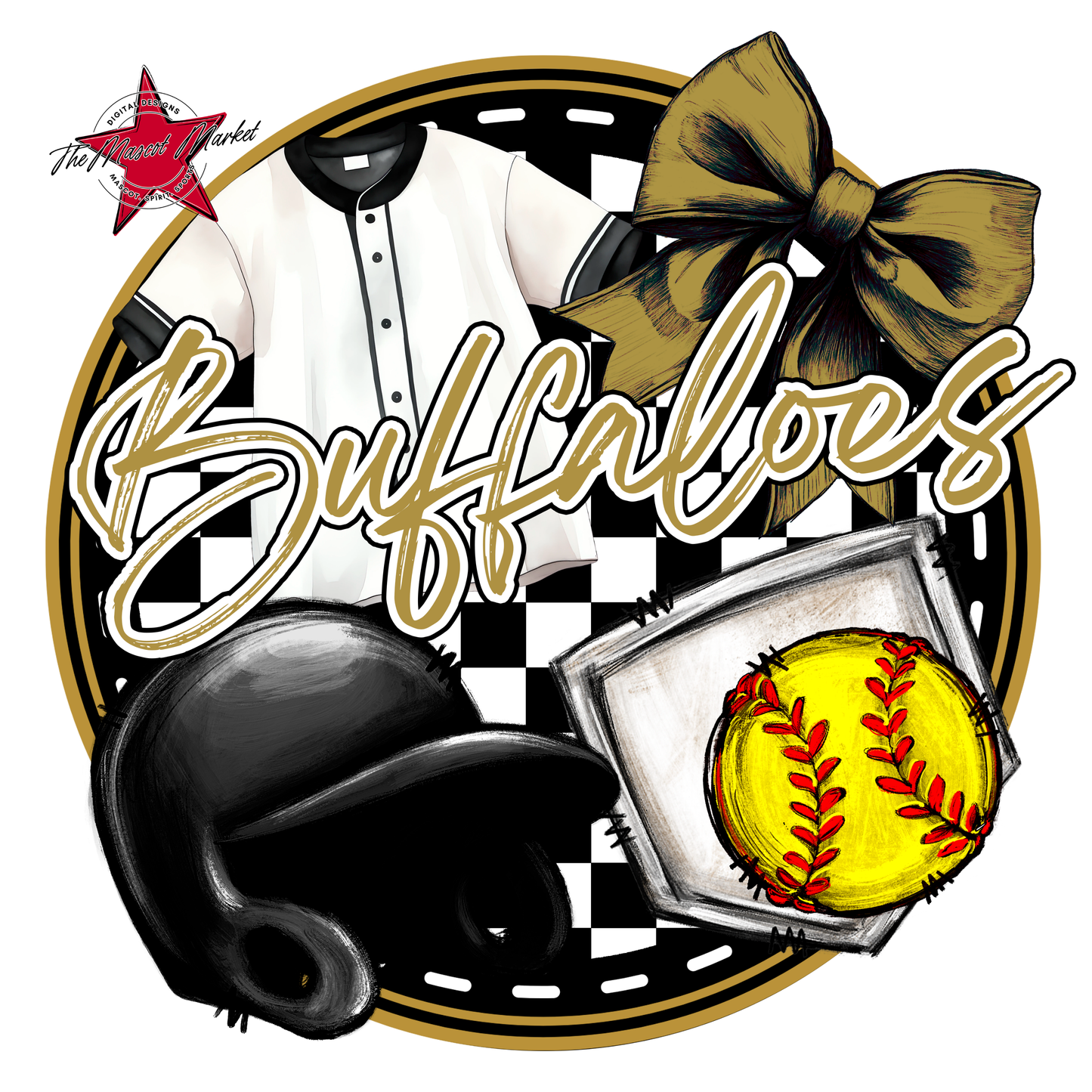 Buffaloes Circle Softball Design-Gold