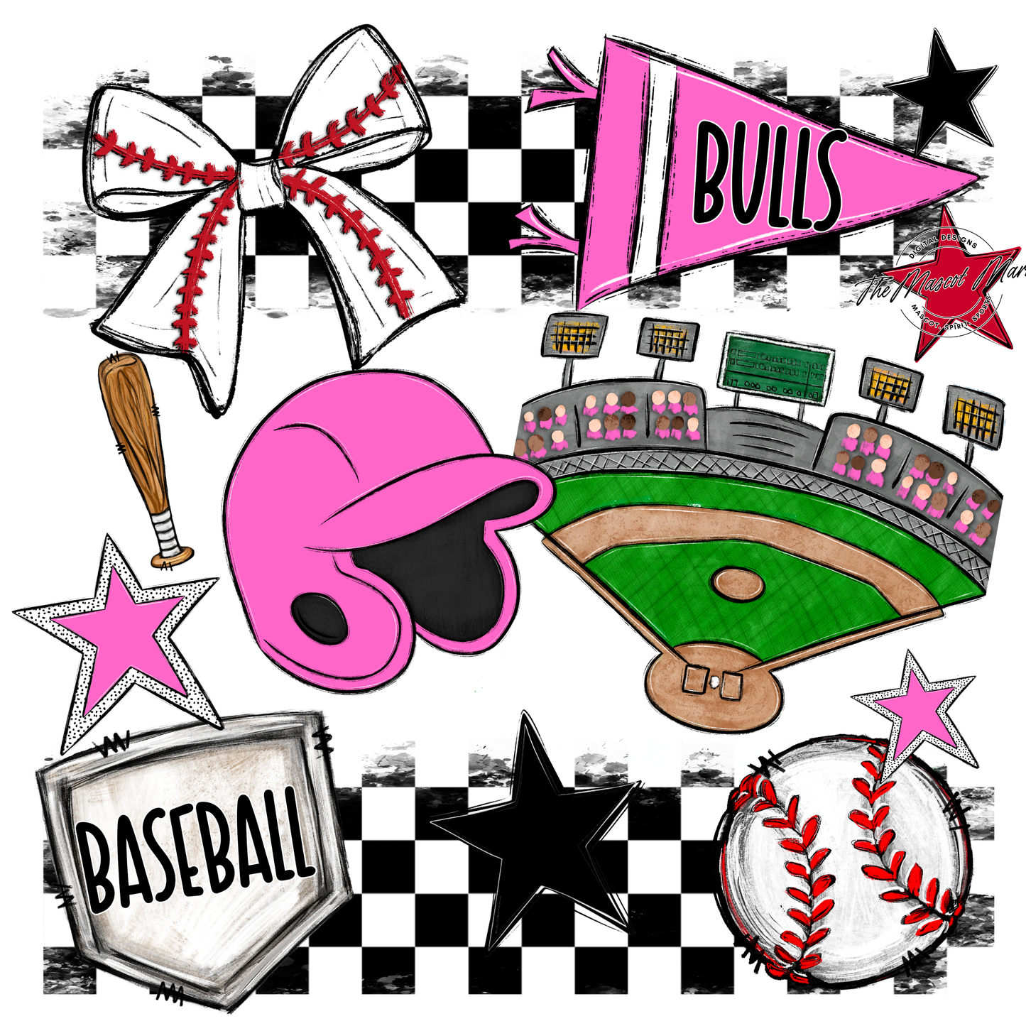 Bulls Checkers Baseball Spirit Design-Baby Pink
