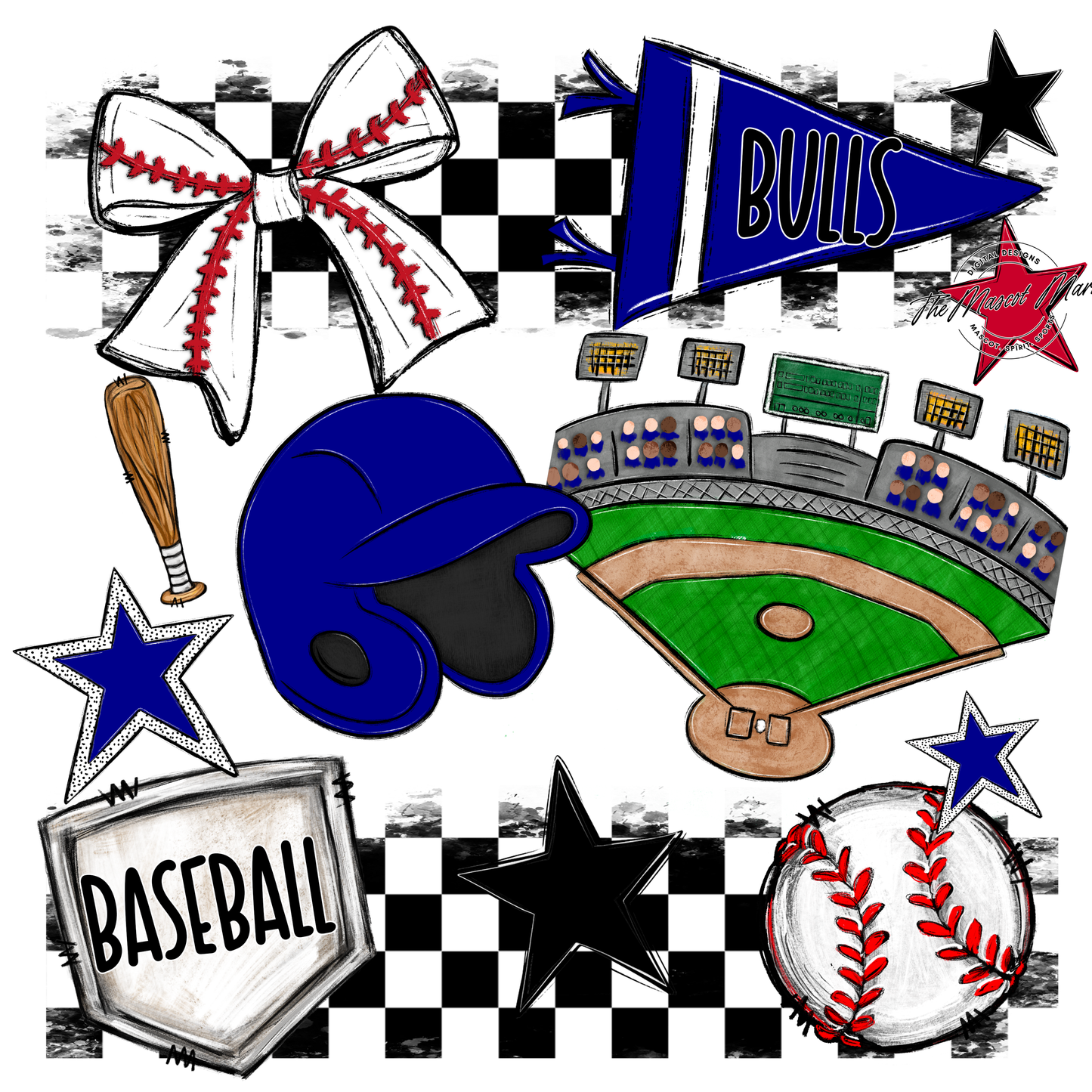 Bulls Checkers Baseball Spirit Design-Blue