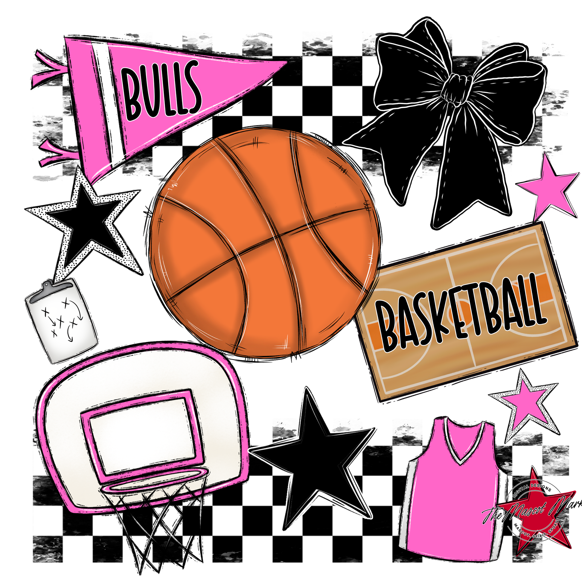 Bulls Checkers Basketball Spirit Design-Baby Pink
