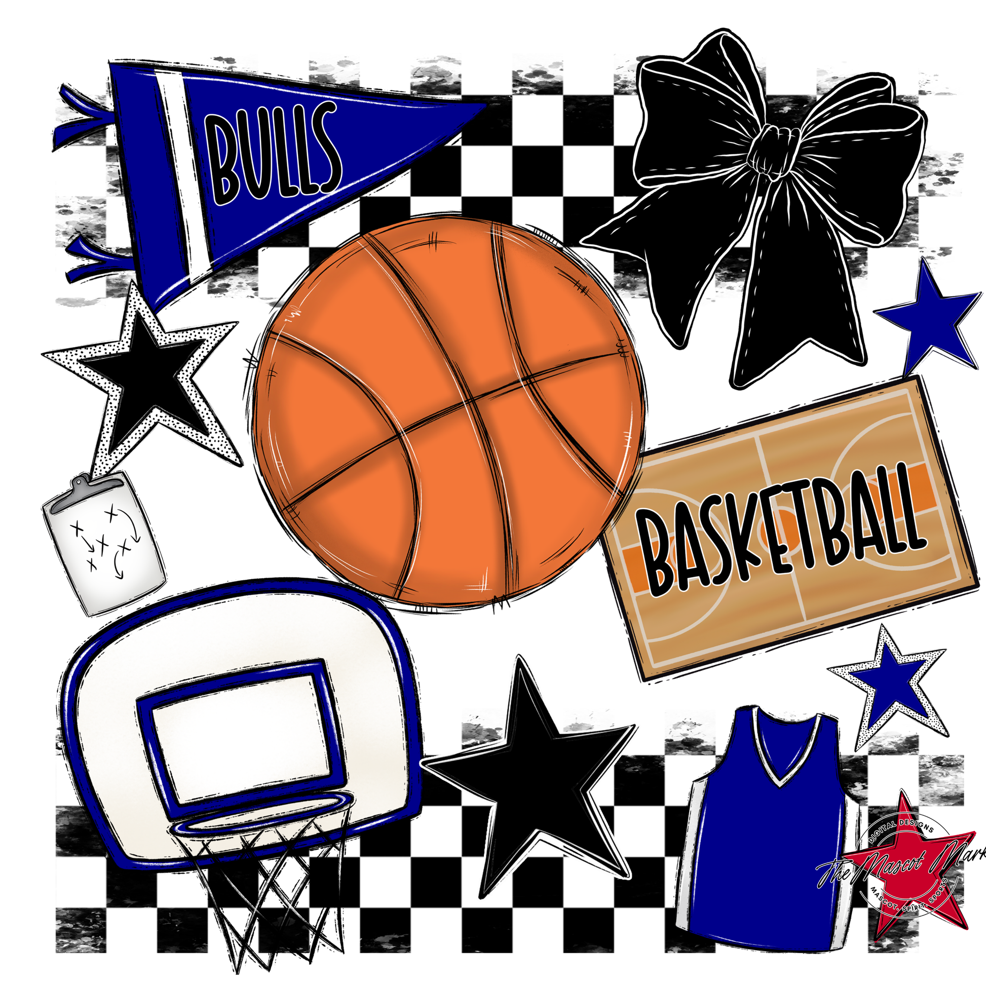 Bulls Checkers Basketball Spirit Design-Blue