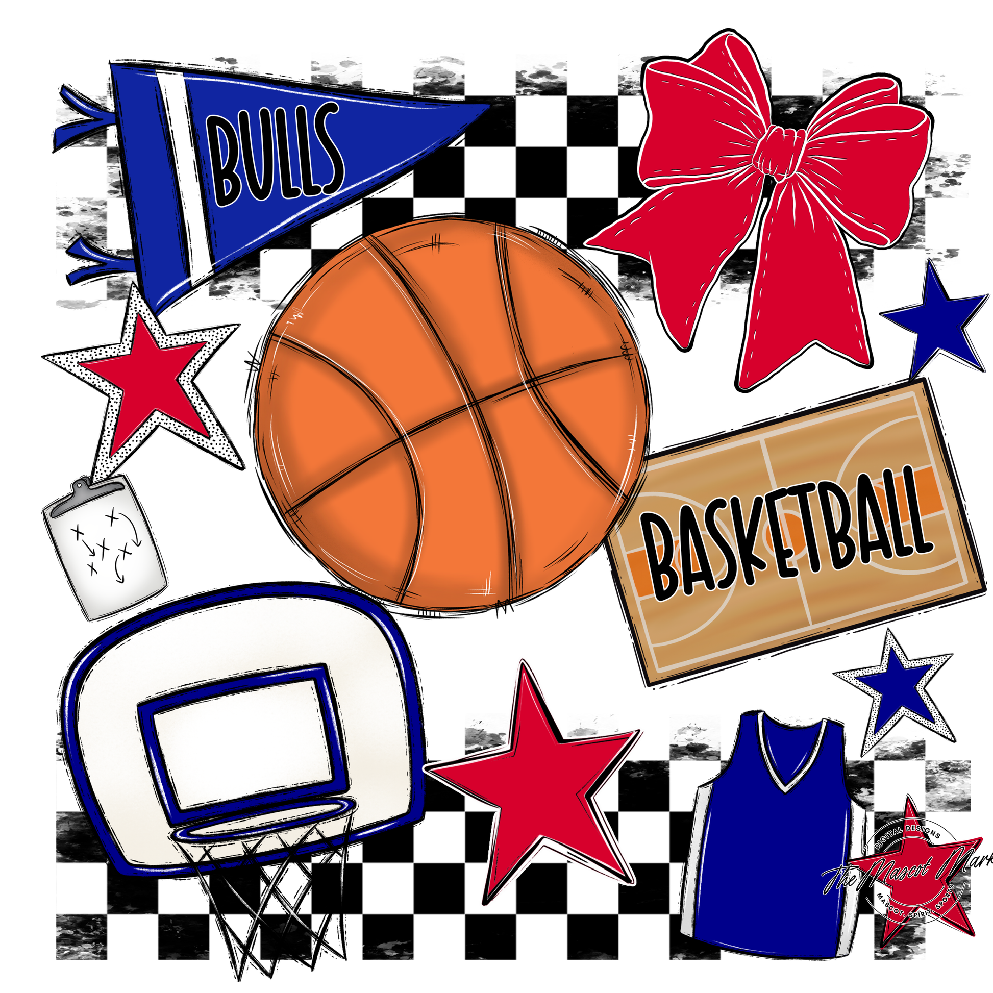 Bulls Checkers Basketball Spirit Design-Royal Blue-Red