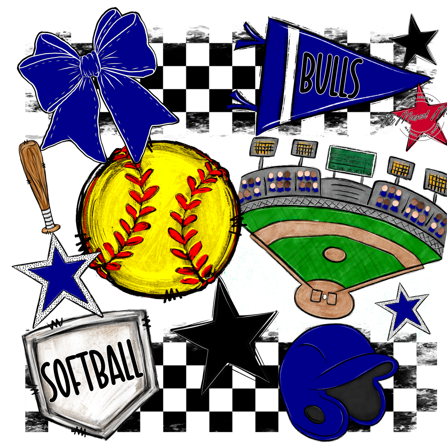 Bulls Checkers Softball Spirit Design-Blue
