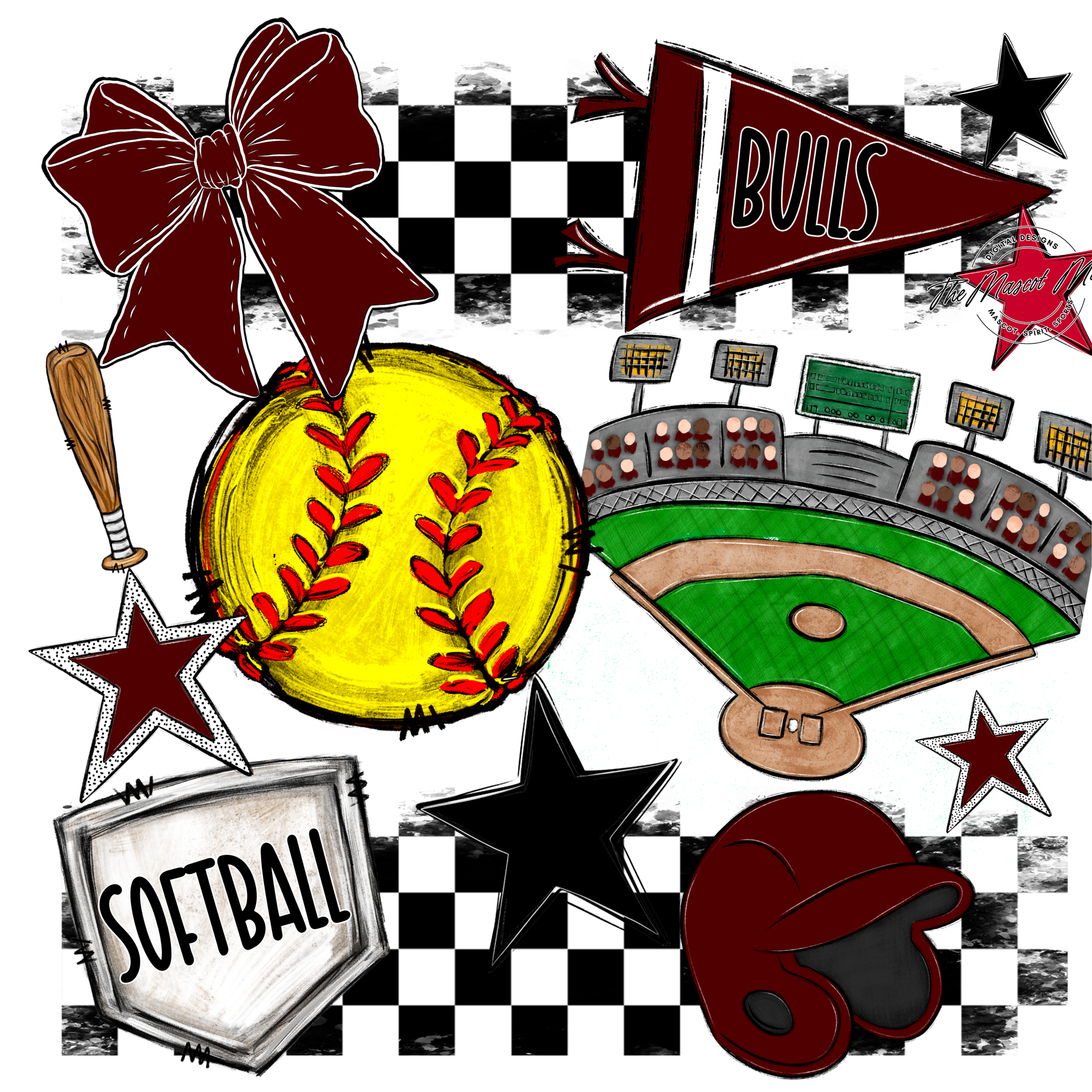 Bulls Checkers Softball Spirit Design-Maroon