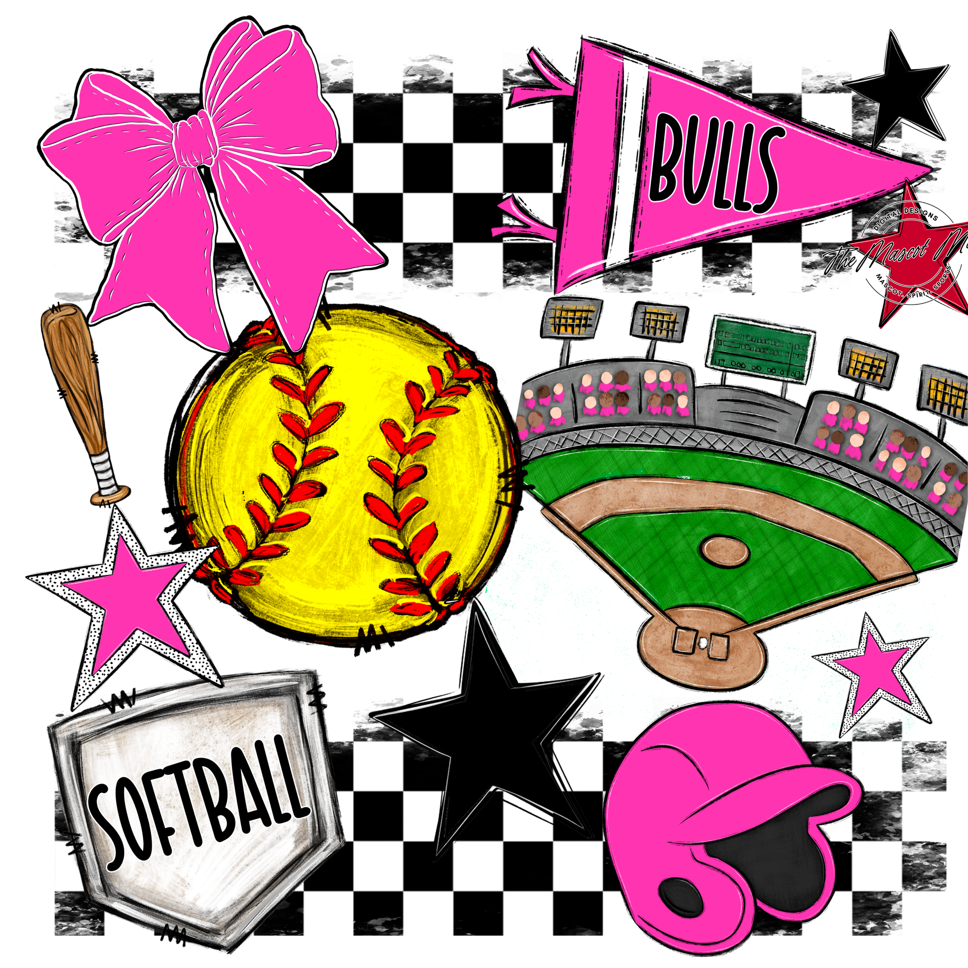 Bulls Checkers Softball Spirit Design-Pink