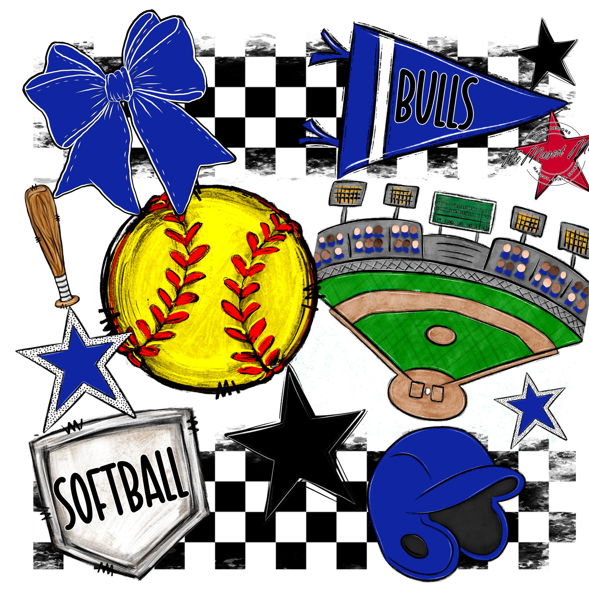 Bulls Checkers Softball Spirit Design-Royal Blue