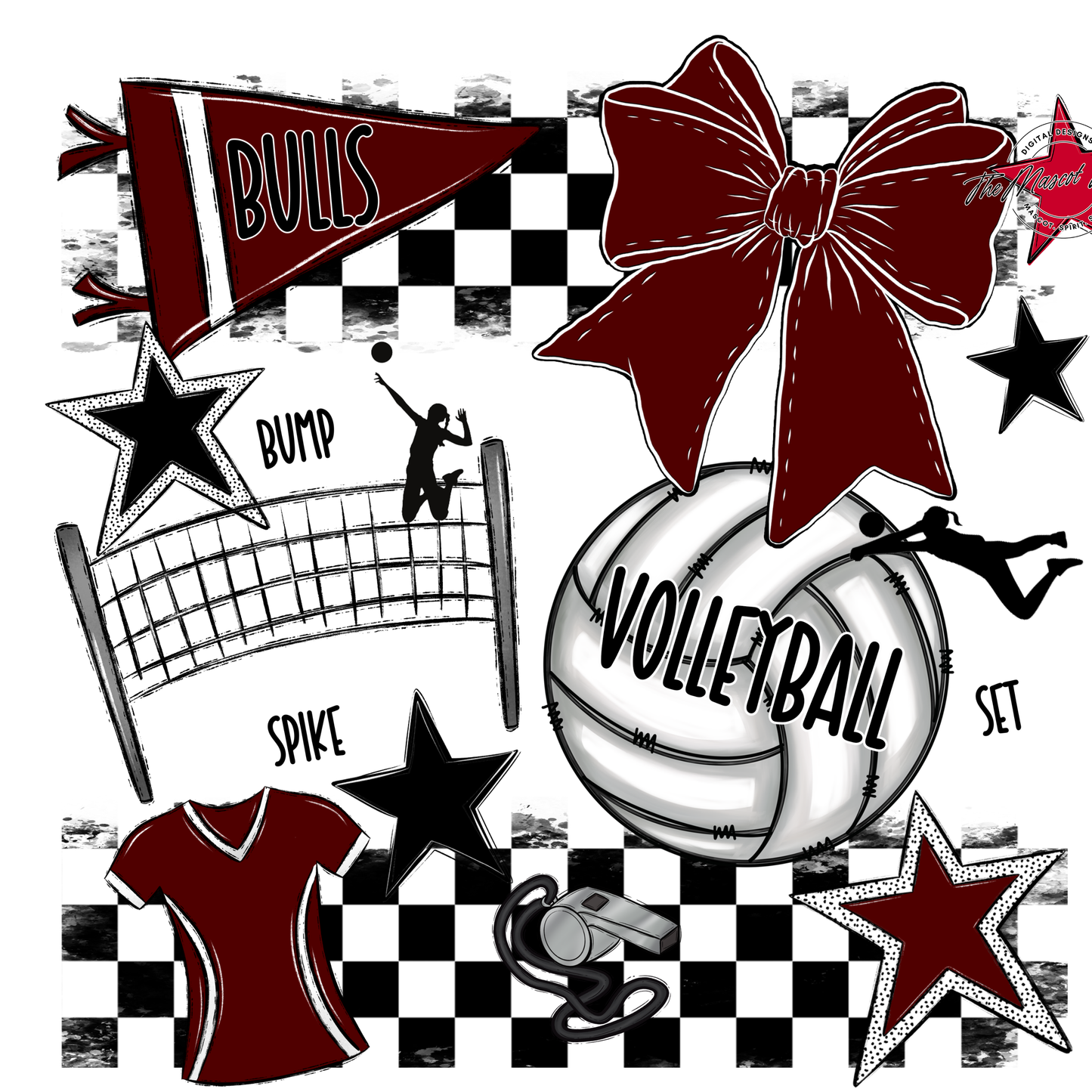 Bulls Checkers Volleyball Spirit Design-Maroon