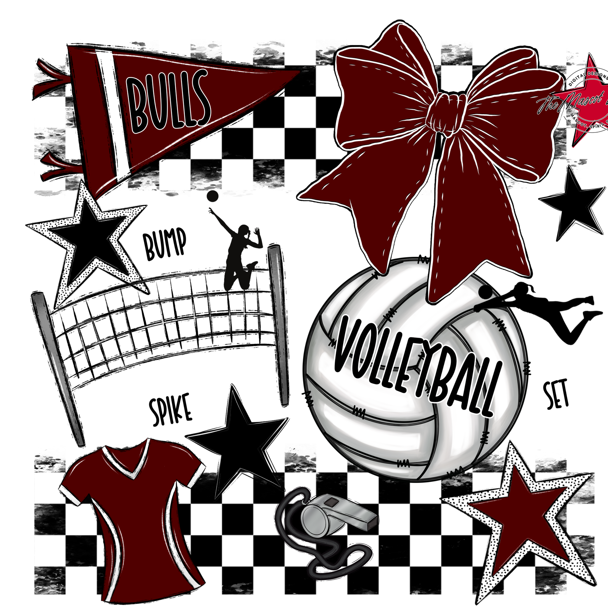 Bulls Checkers Volleyball Spirit Design-Maroon