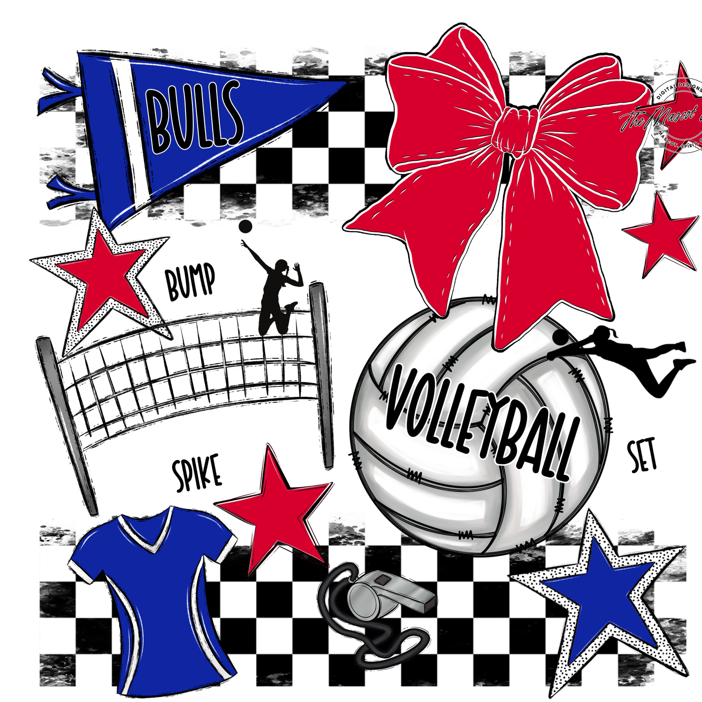 Bulls Checkers Volleyball Spirit Design-Royal Blue-Red