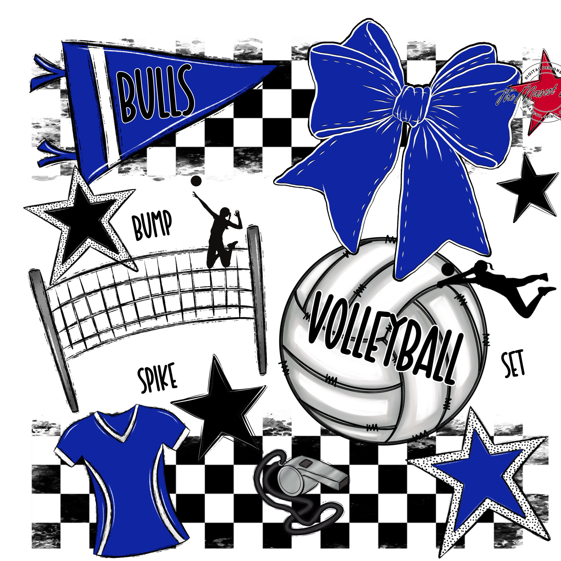 Bulls Checkers Volleyball Spirit Design-Royal Blue