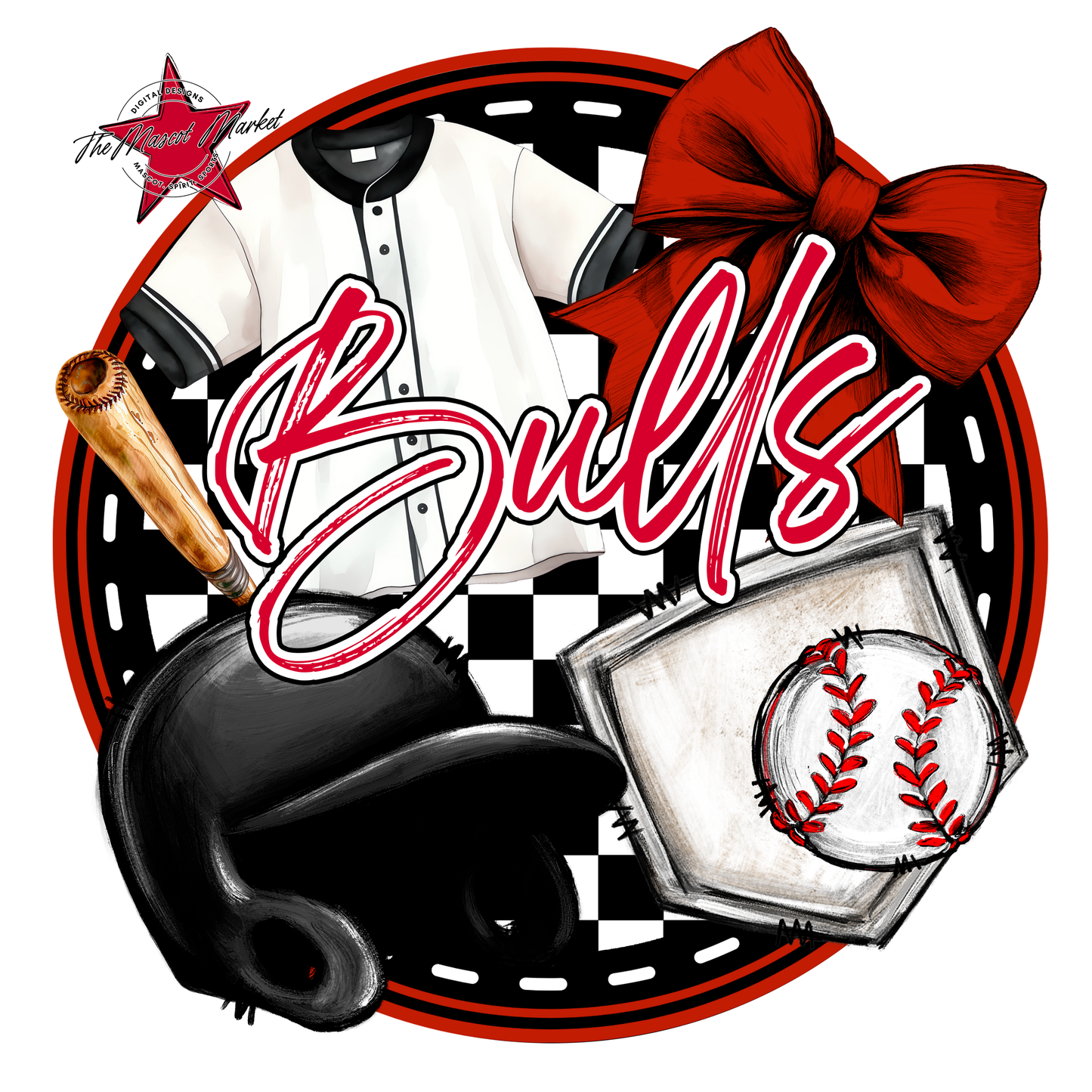 Bulls Circle Baseball Design-Red