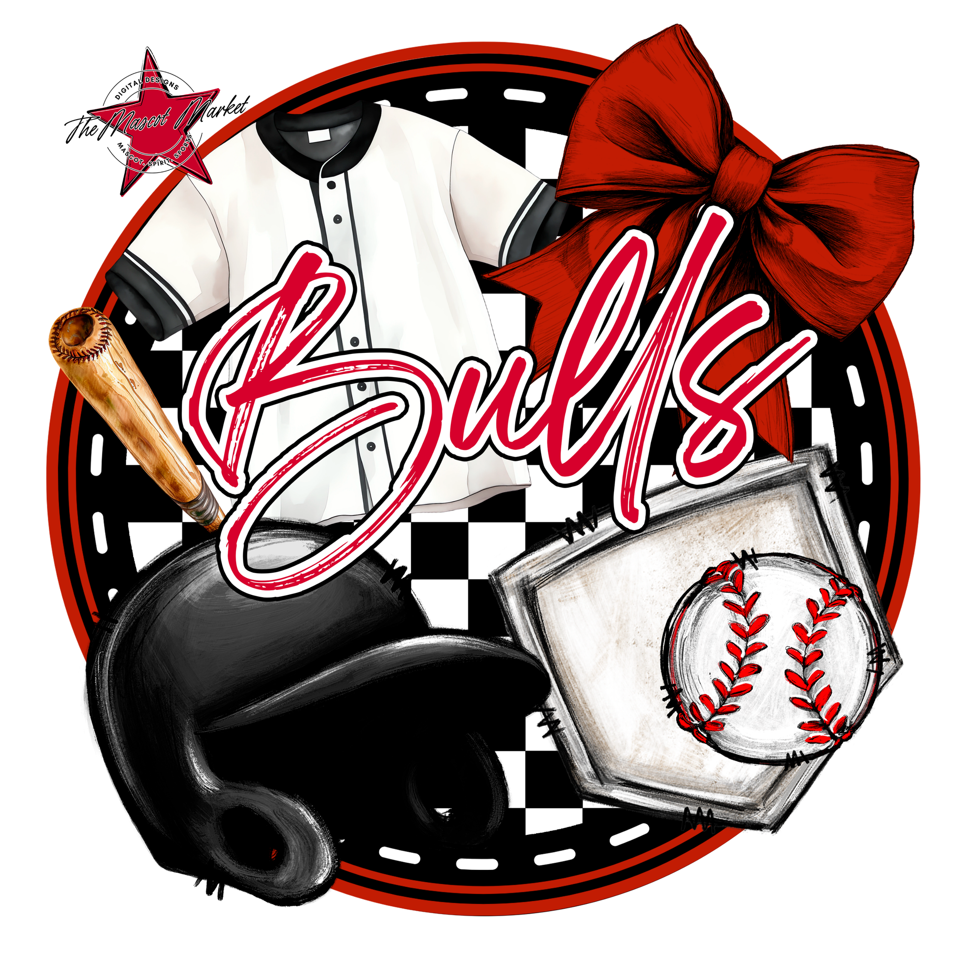 Bulls Circle Baseball Design-Red