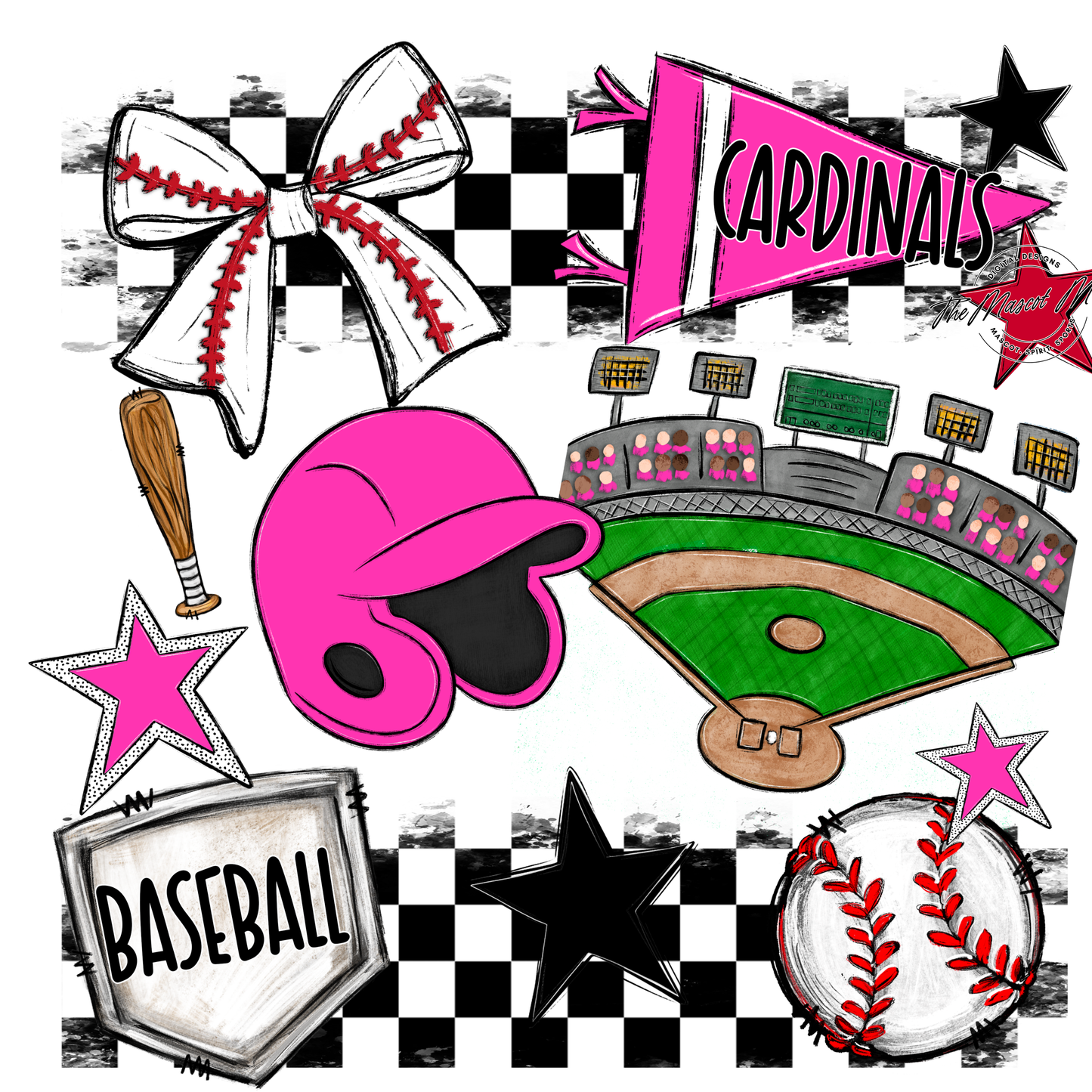 Cardinals Checkers Baseball Spirit Design-Pink