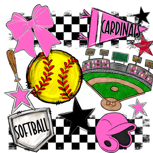 Cardinals Checkers Softball Spirit Design-Baby Pink