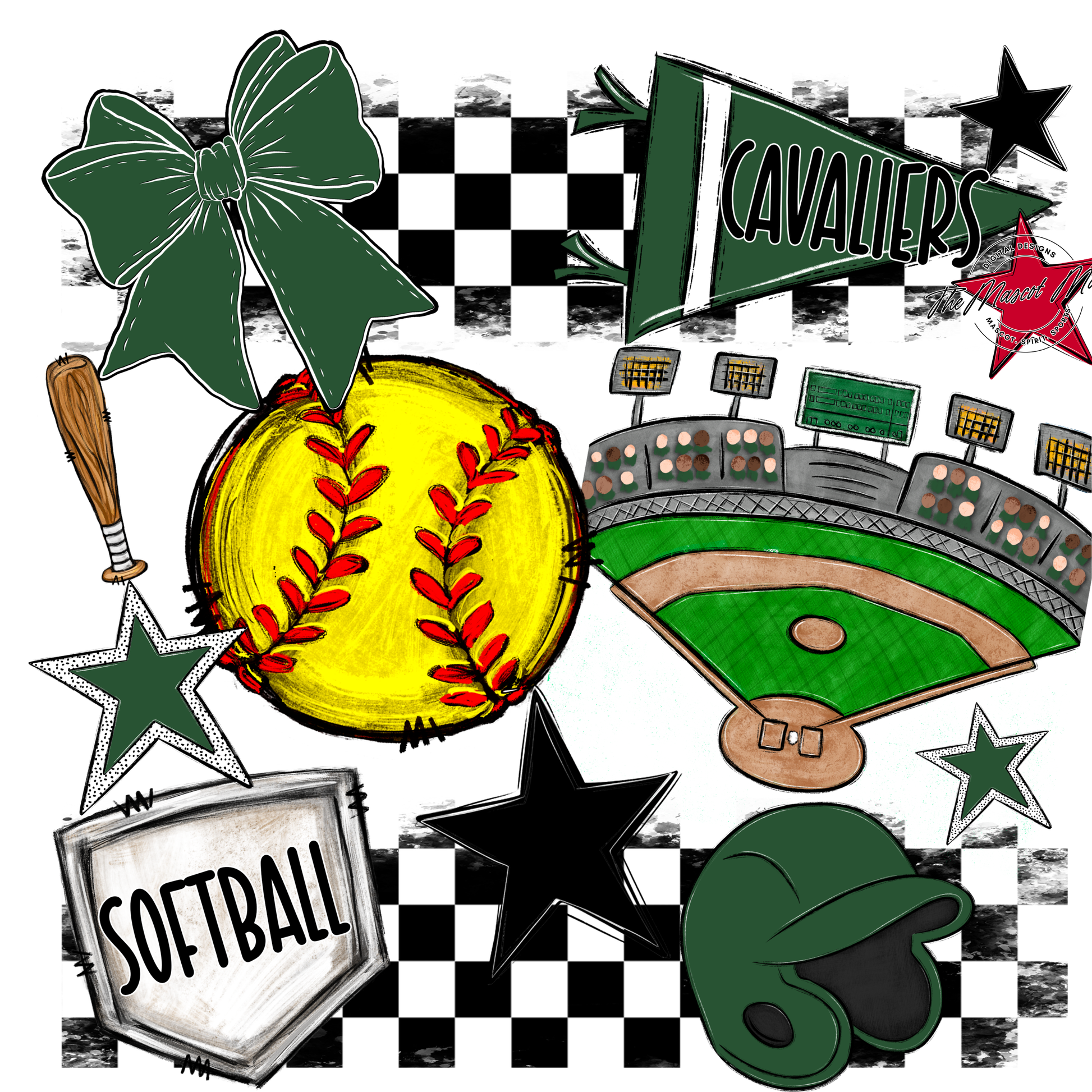 Cavaliers Checkers Softball Spirit Design-Green