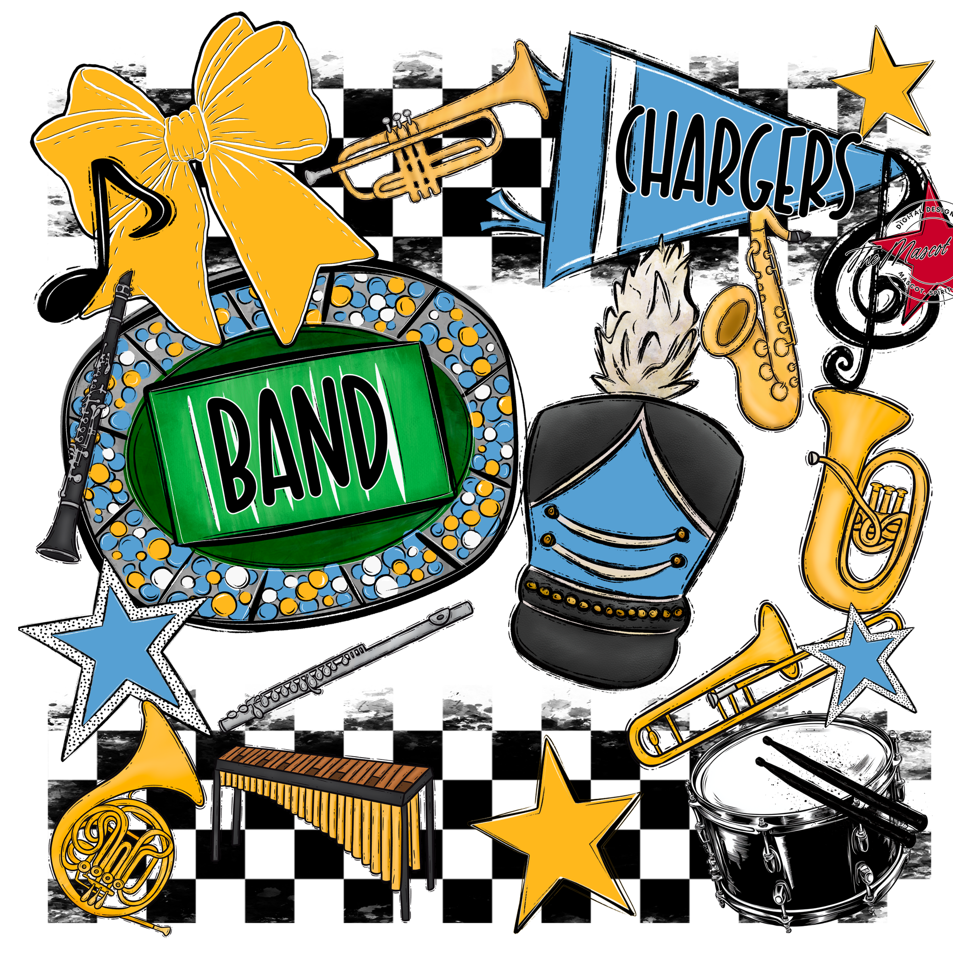 Chargers Checkers Band Spirit Design-Carolina Blue-Yellow