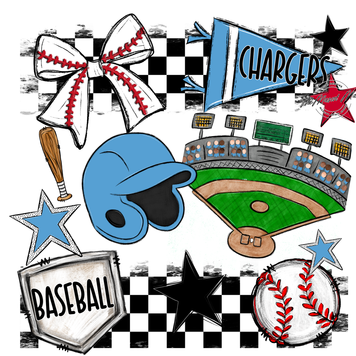 Chargers Checkers Baseball Spirit Design-Carolina Blue