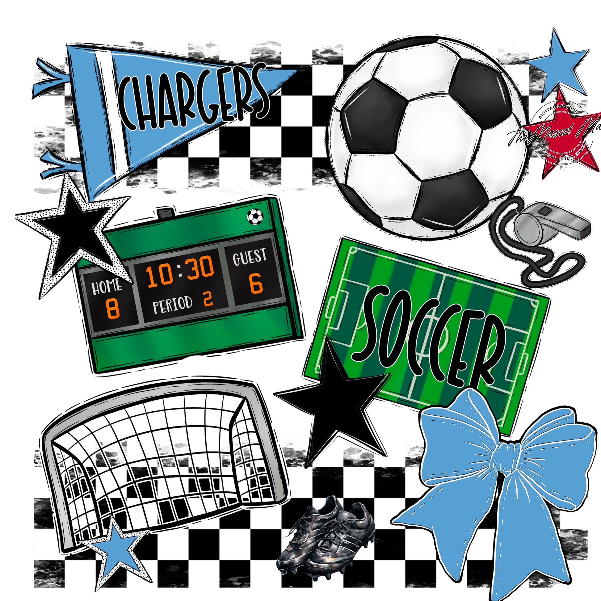 Chargers Checkers Soccer Spirit Design-Carolina Blue