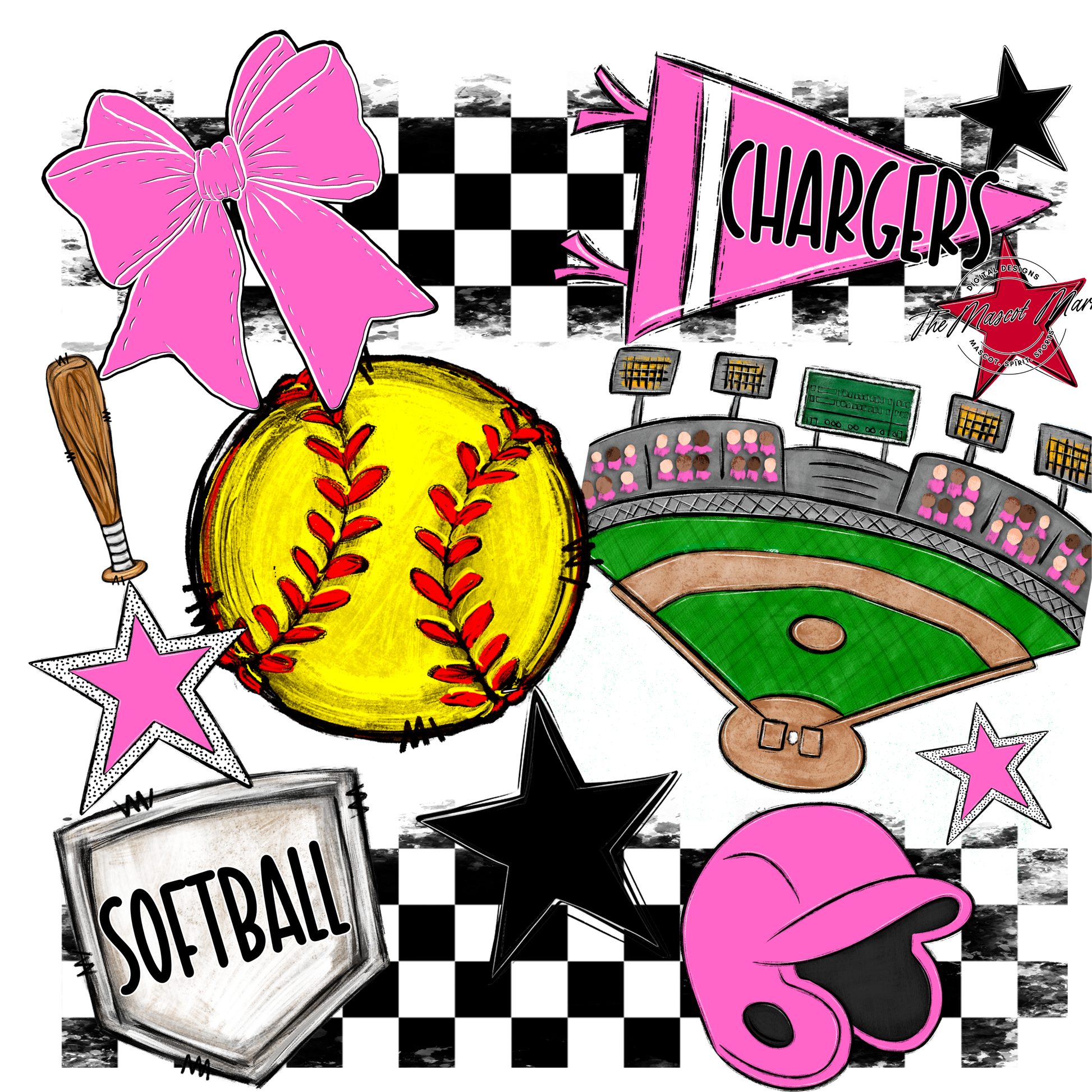 Chargers Checkers Softball Spirit Design-Baby Pink