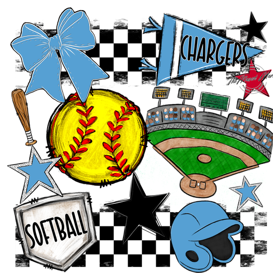 Chargers Checkers Softball Spirit Design-Carolina Blue