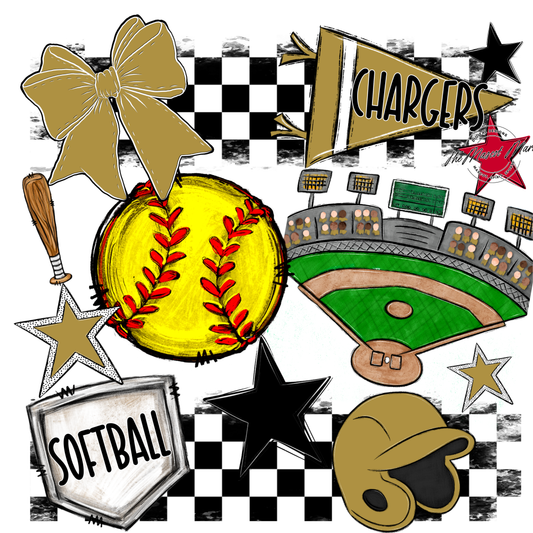 Chargers Checkers Softball Spirit Design-Gold