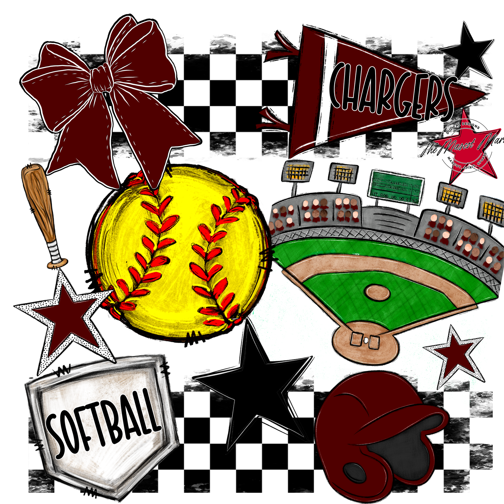 Chargers Checkers Softball Spirit Design-Maroon