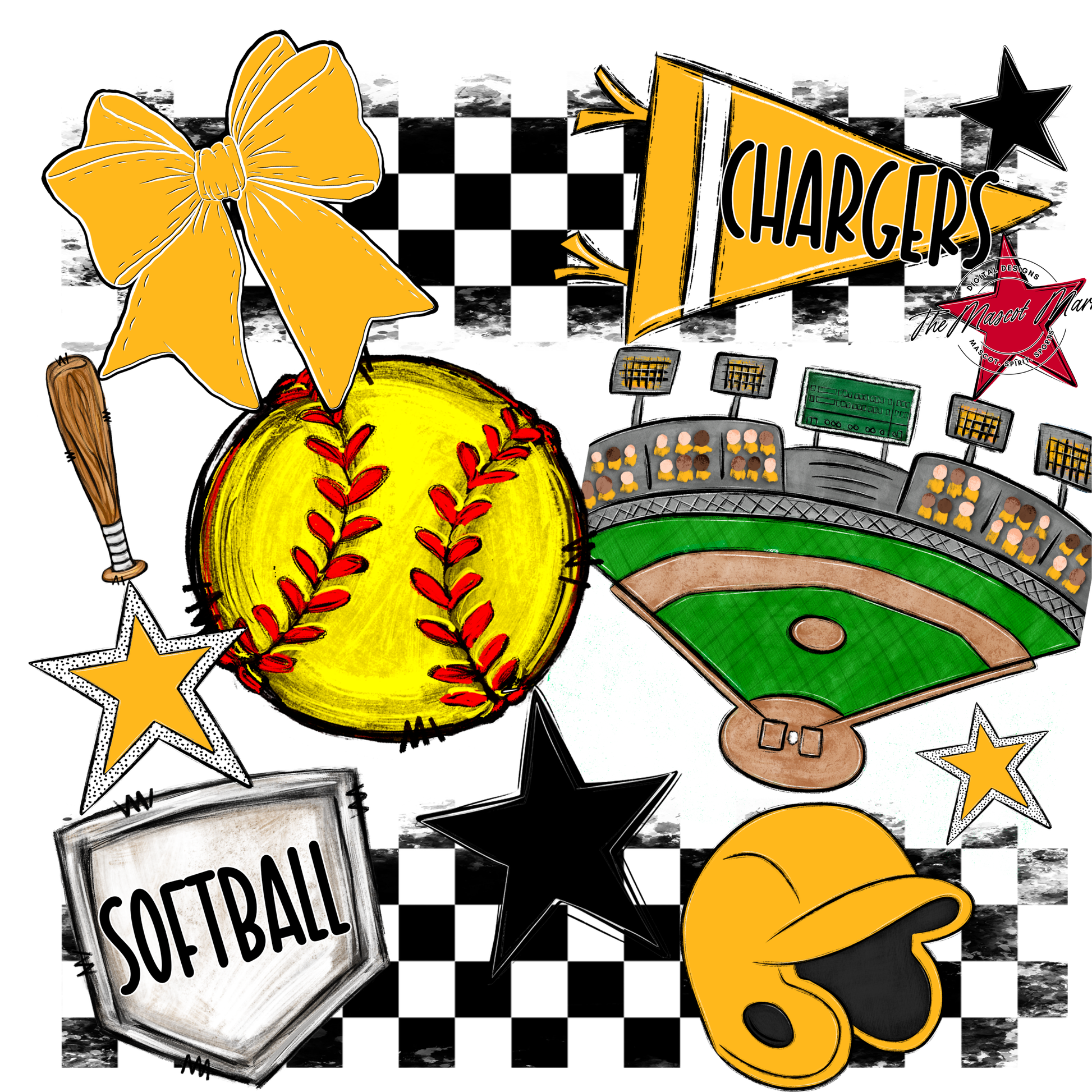 Chargers Checkers Softball Spirit Design-Yellow