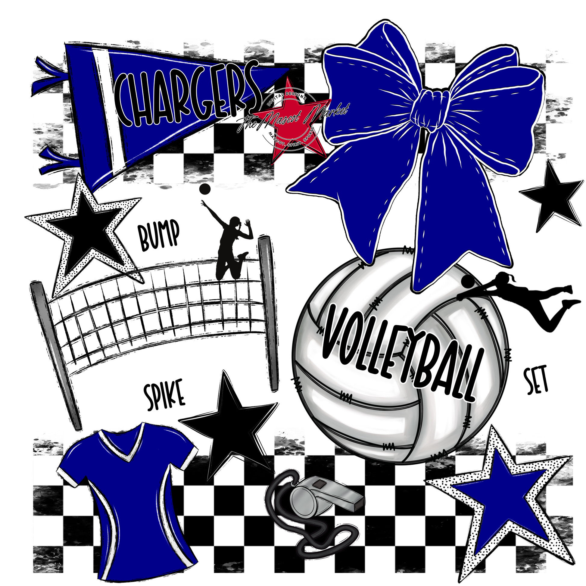 Chargers Checkers Volleyball Spirit Design-Blue