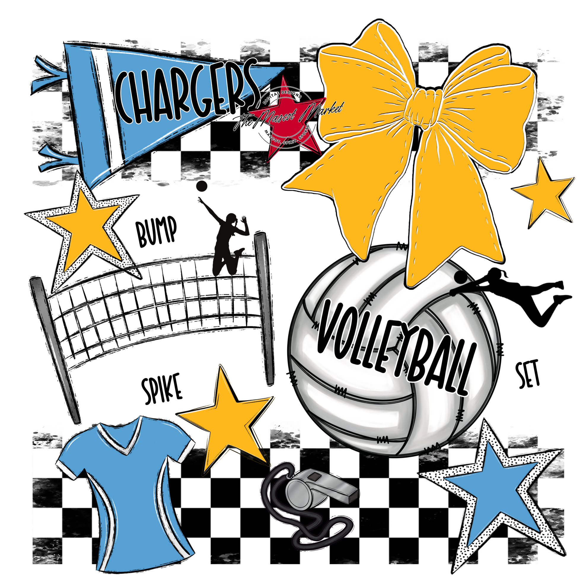 Chargers Checkers Volleyball Spirit Design-Carolina Blue-Yellow