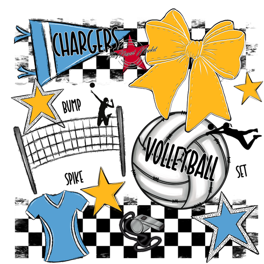 Chargers Checkers Volleyball Spirit Design-Carolina Blue-Yellow