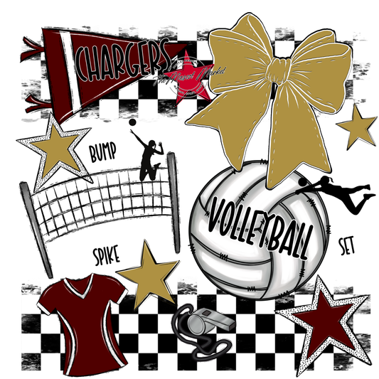 Chargers Checkers Volleyball Spirit Design-Maroon-Gold