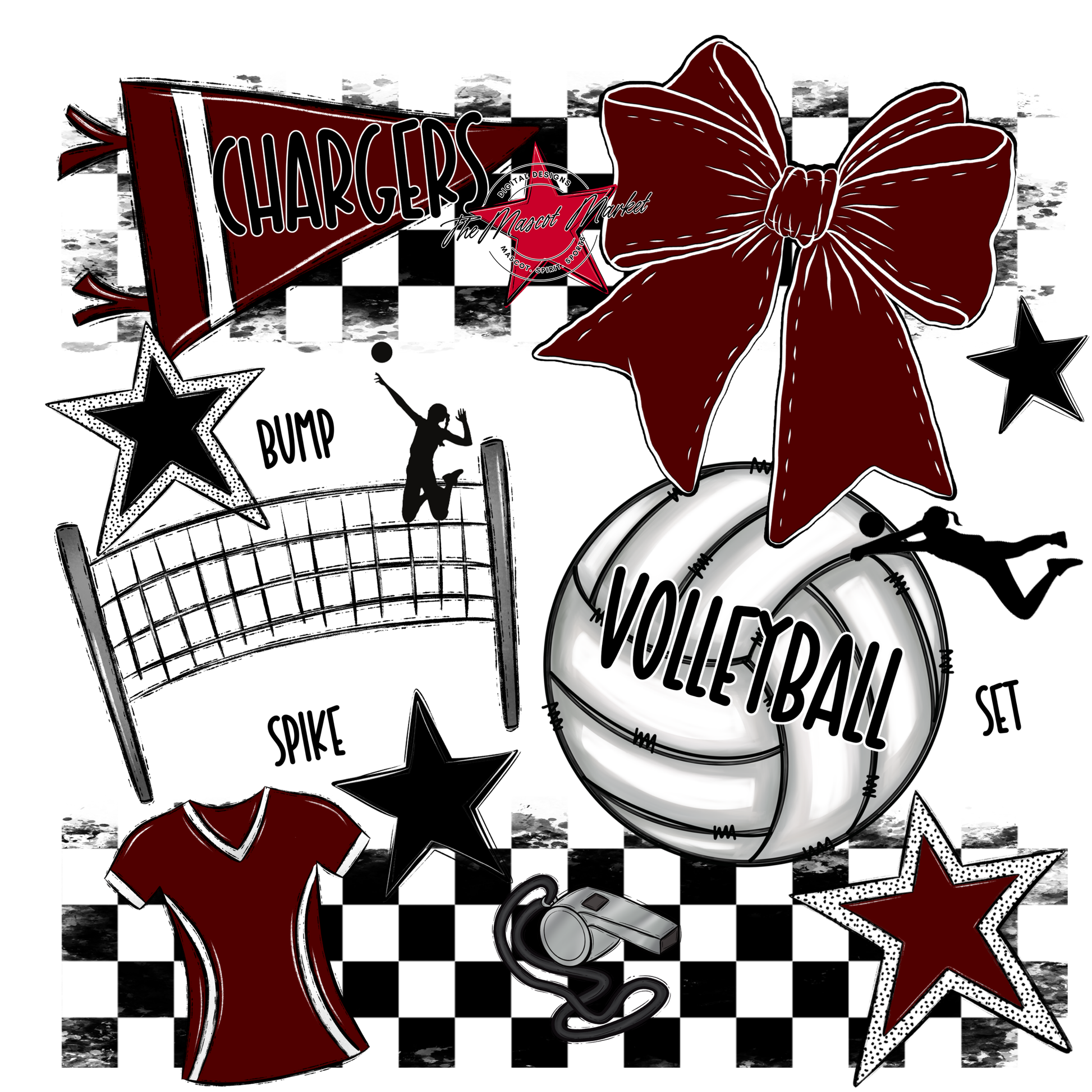 Chargers Checkers Volleyball Spirit Design-Maroon