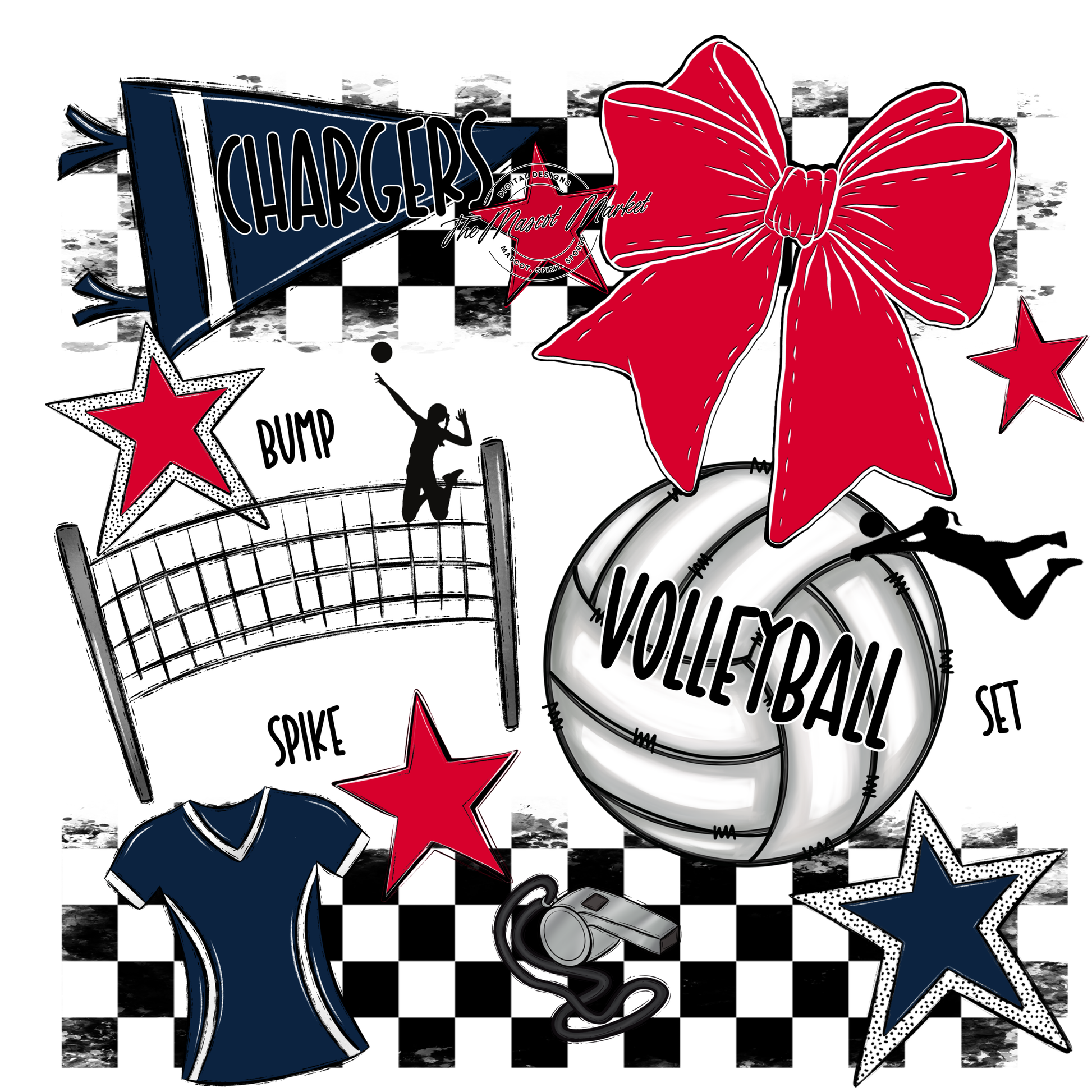Chargers Checkers Volleyball Spirit Design-Navy-Red