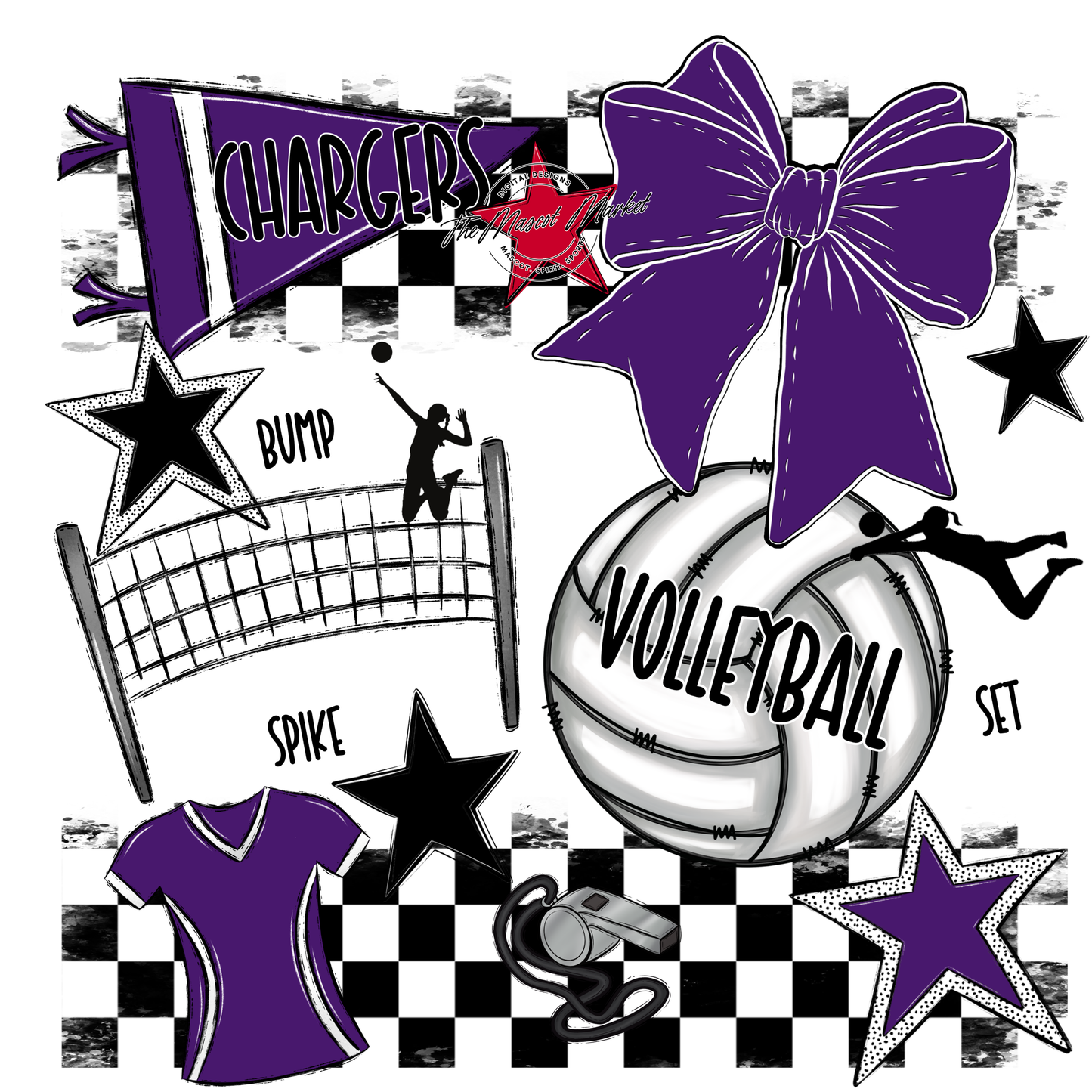 Chargers Checkers Volleyball Spirit Design-Purple