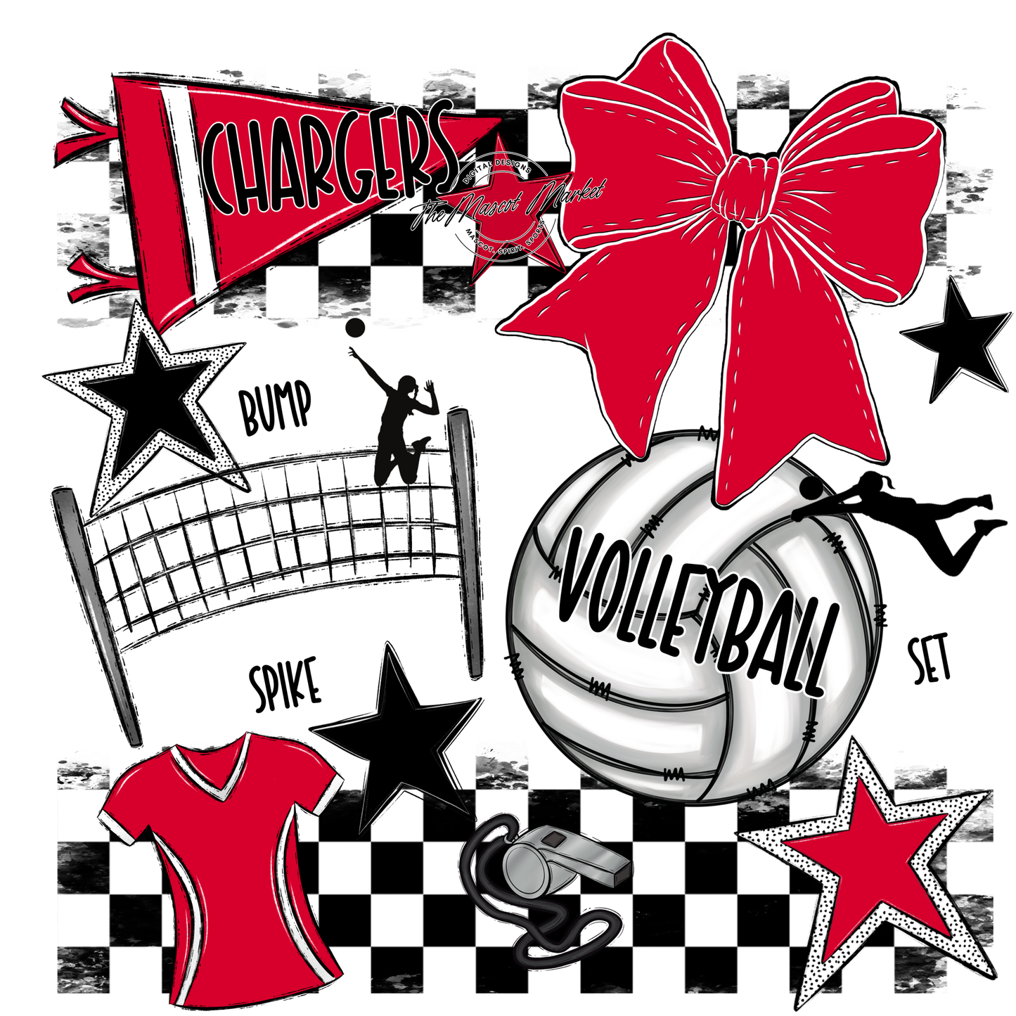 Chargers Checkers Volleyball Spirit Design-Red