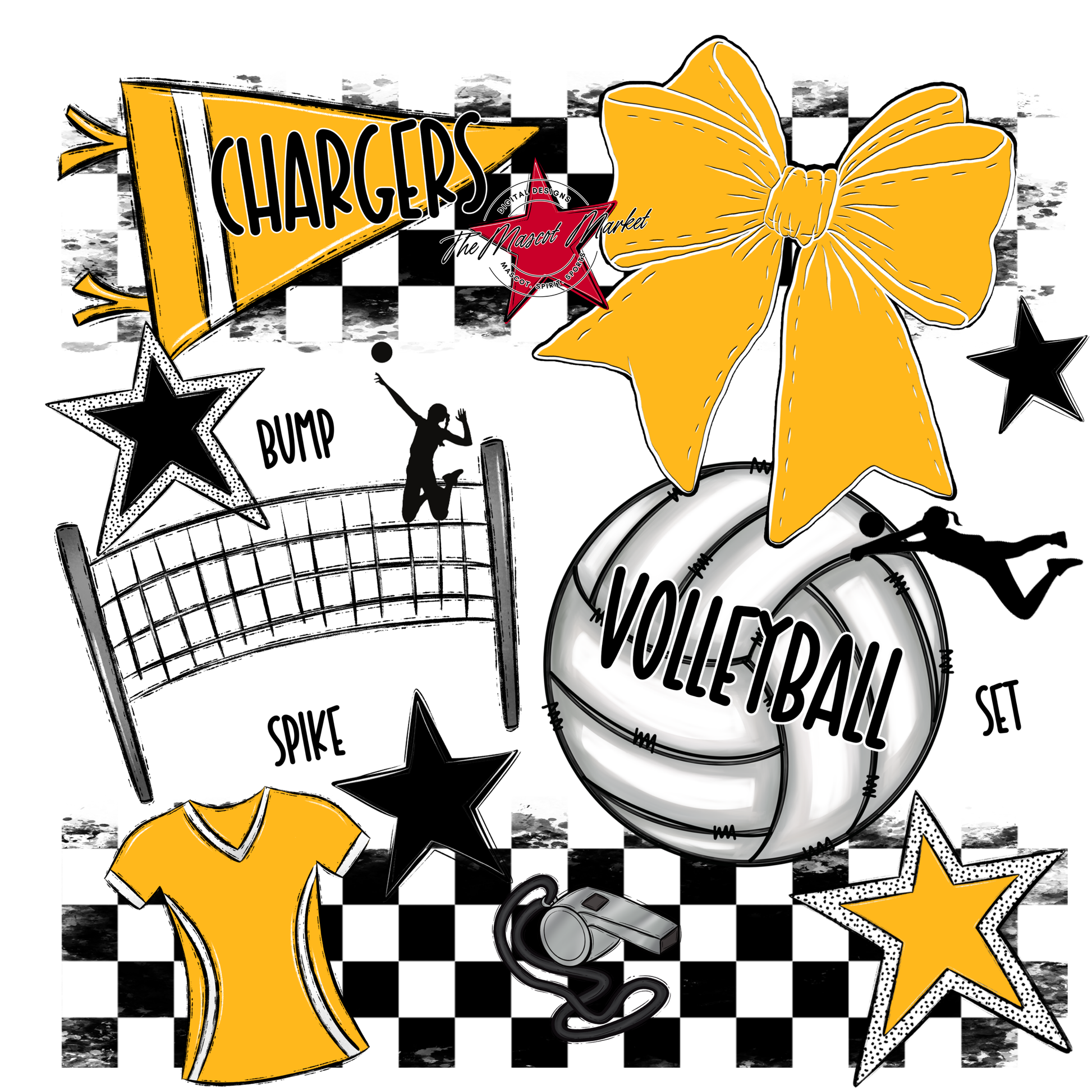 Chargers Checkers Volleyball Spirit Design-Yellow