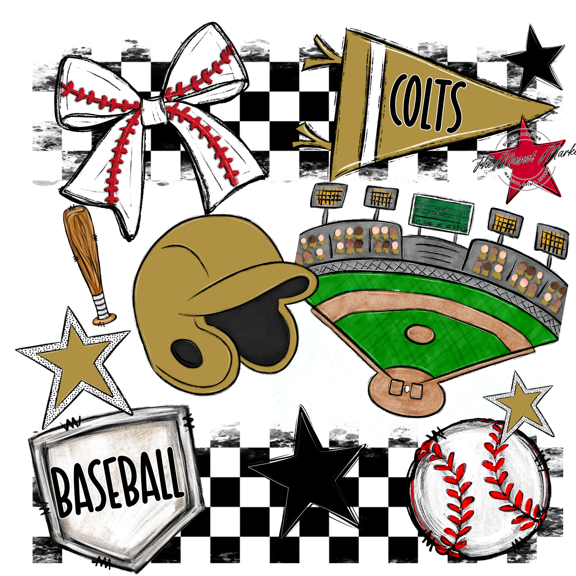 Colts Checkers Baseball Spirit Design-Gold