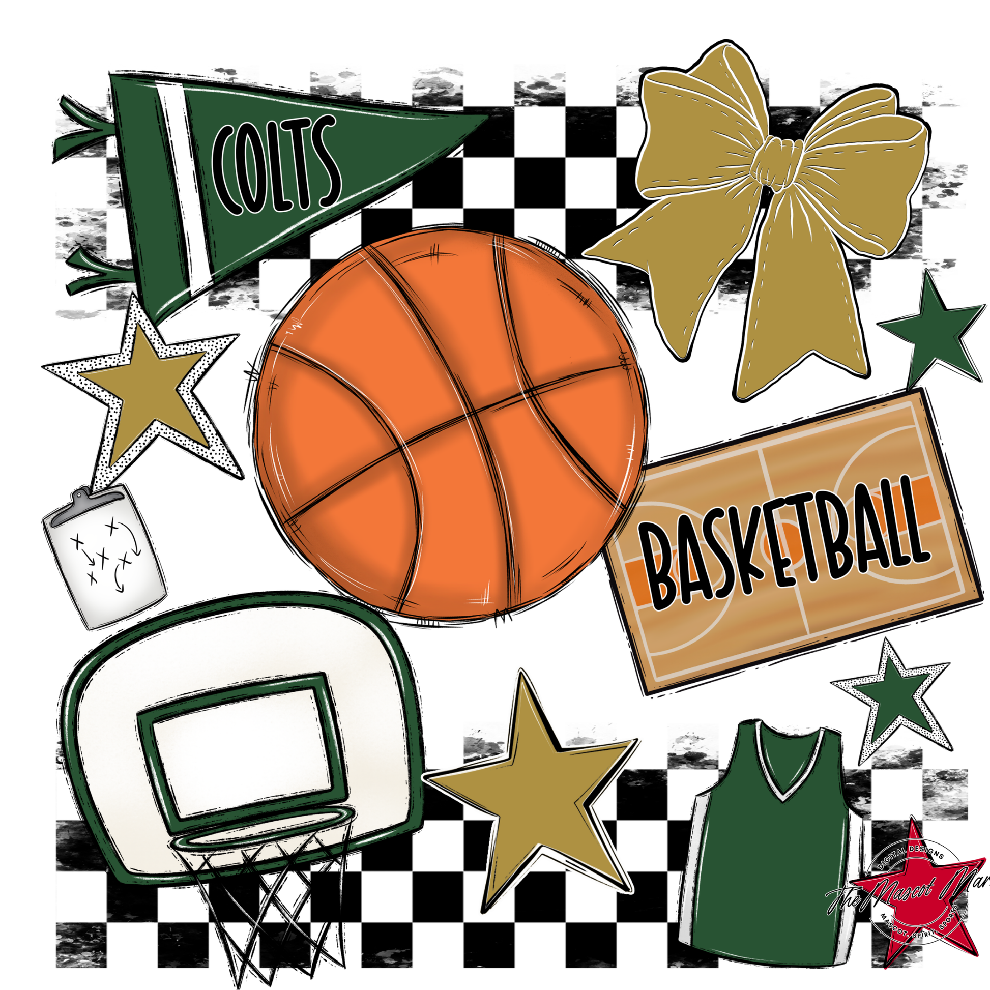 Colts Checkers Basketball Spirit Design-Green-Gold