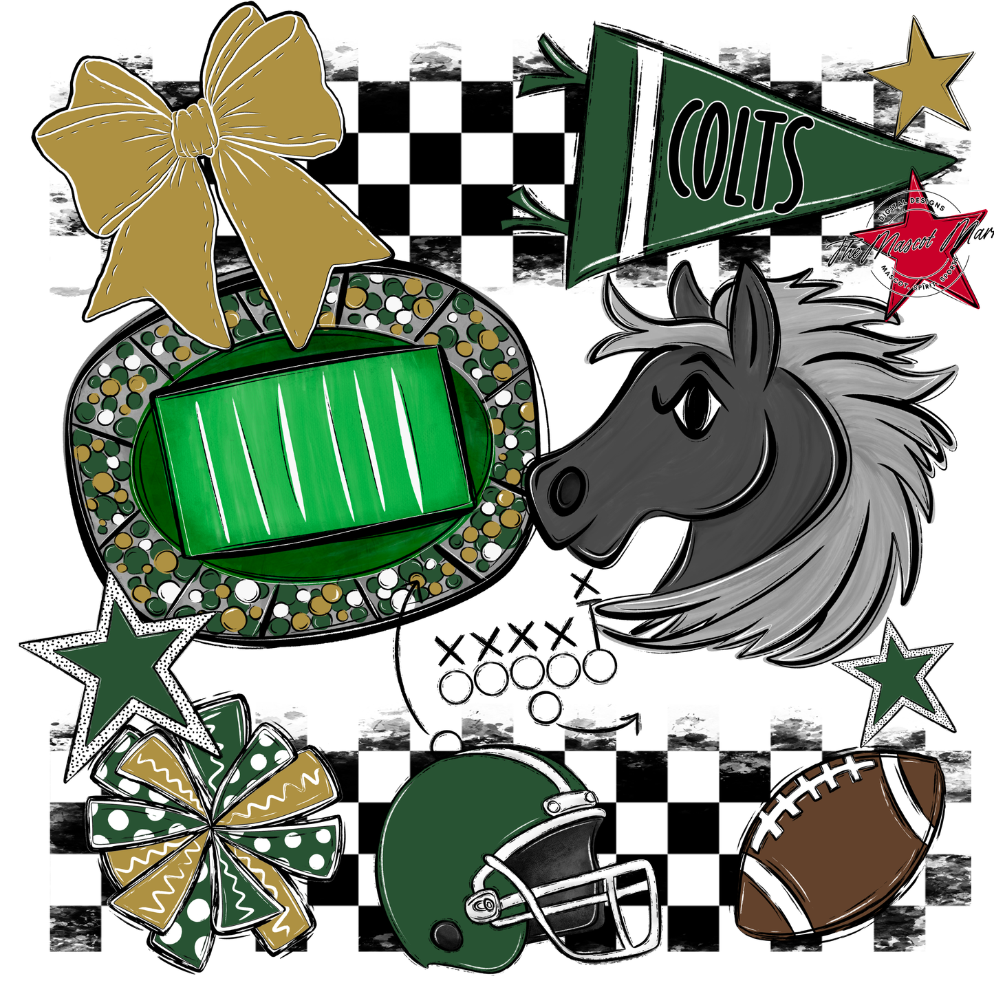 Colts Checkers Mascot Spirit Design-Green-Gold