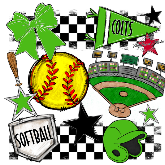 Colts Checkers Softball Spirit Design-Bright Green