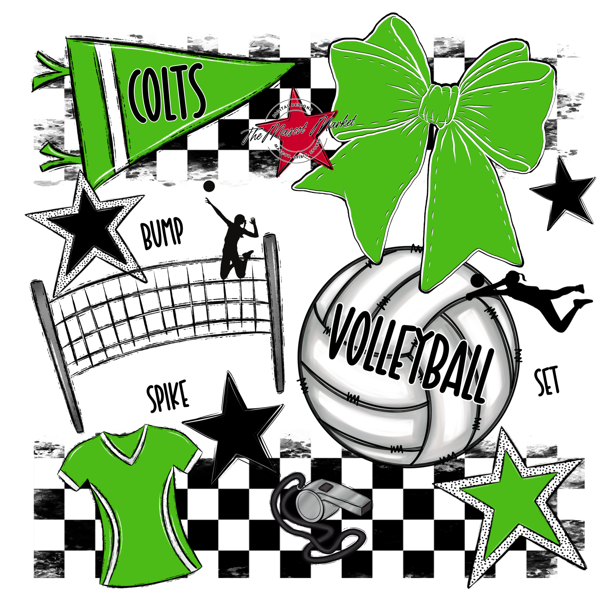 Colts Checkers Volleyball Spirit Design-Bright Green