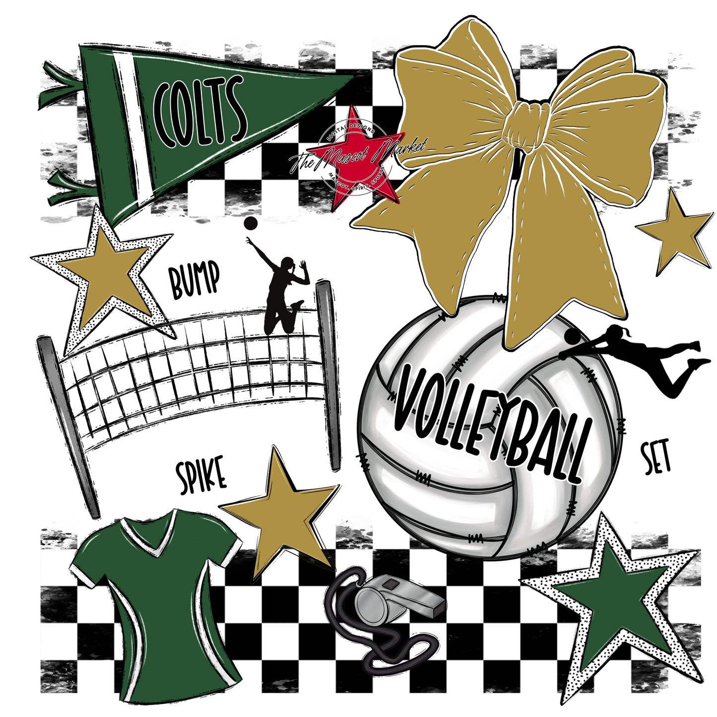 Colts Checkers Volleyball Spirit Design-Green-Gold