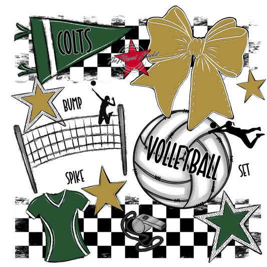 Colts Checkers Volleyball Spirit Design-Green-Gold