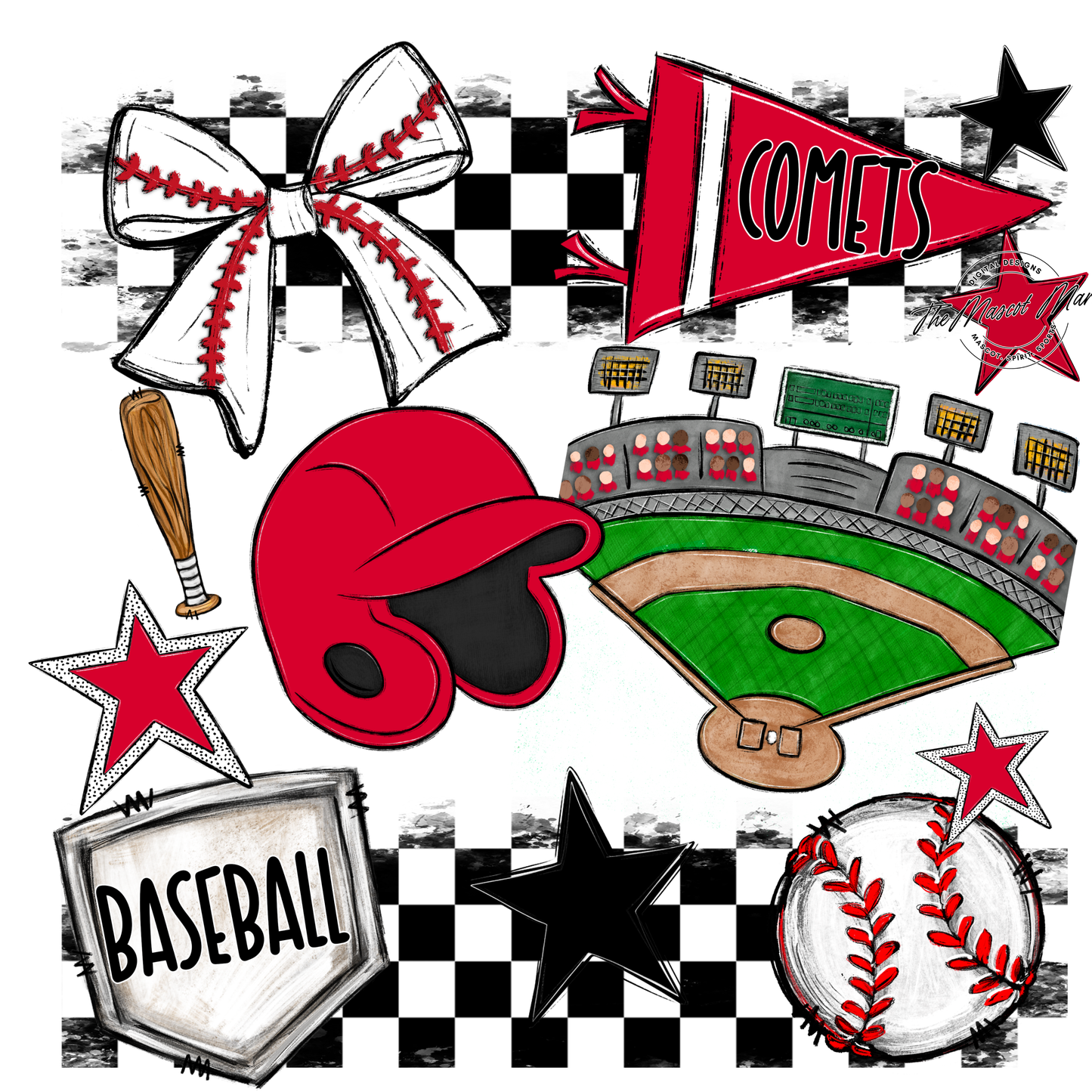 Comets Checkers Baseball Spirit Design-Red