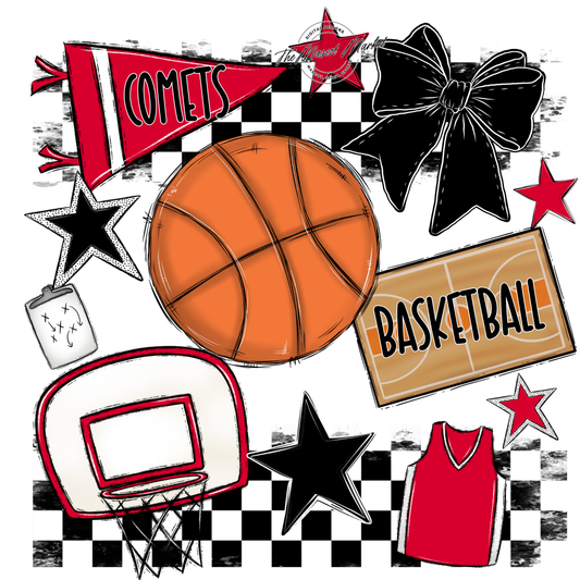 Comets Checkers Basketball Spirit Design-Red
