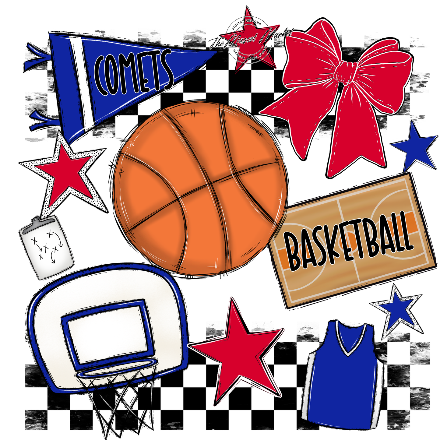 Comets Checkers Basketball Spirit Design-Royal Blue-Red