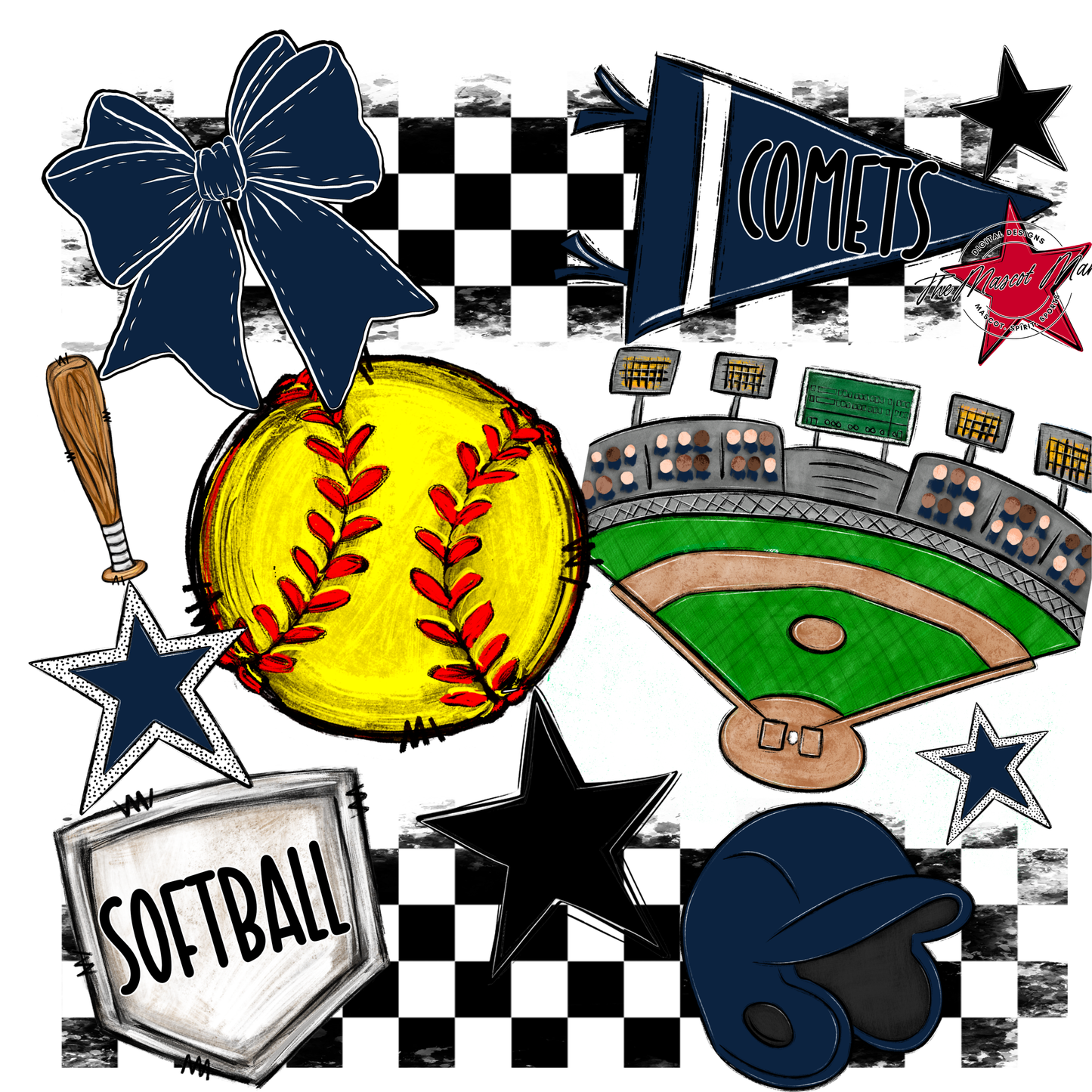 Comets Checkers Softball Spirit Design-Navy