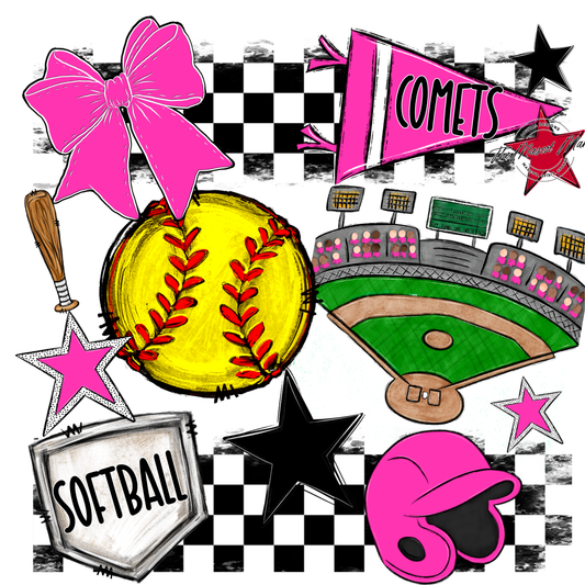 Comets Checkers Softball Spirit Design-Pink