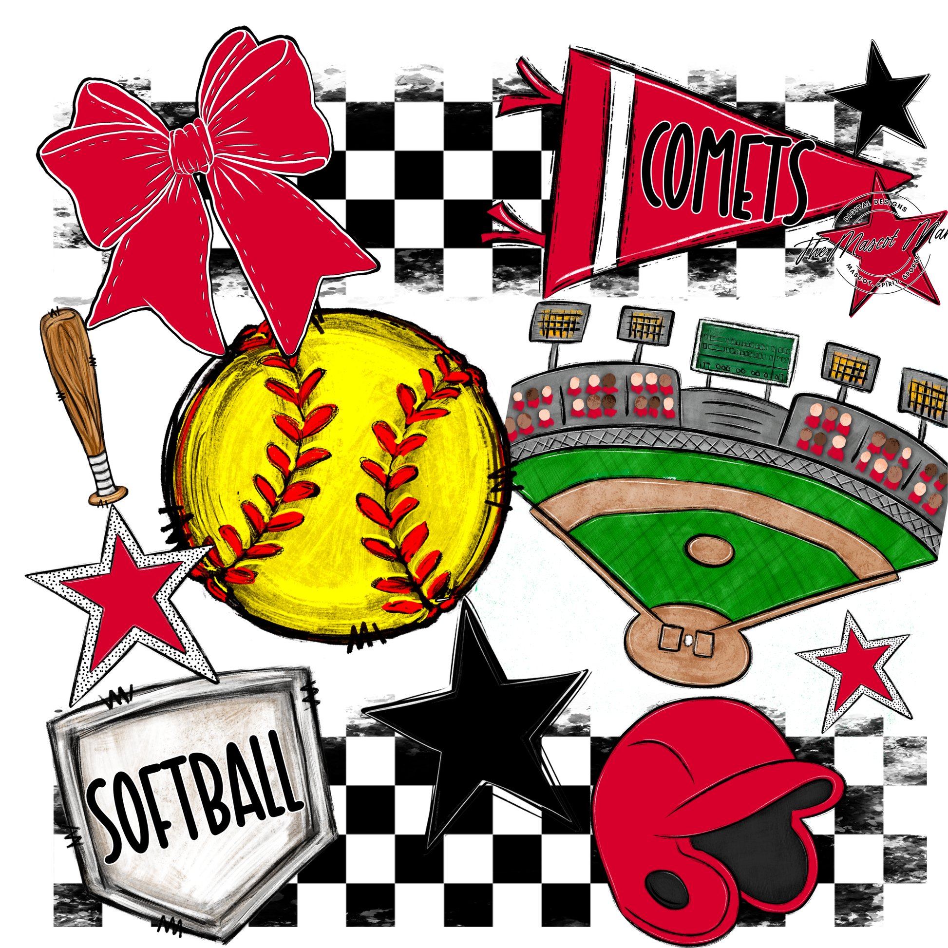 Comets Checkers Softball Spirit Design-Red