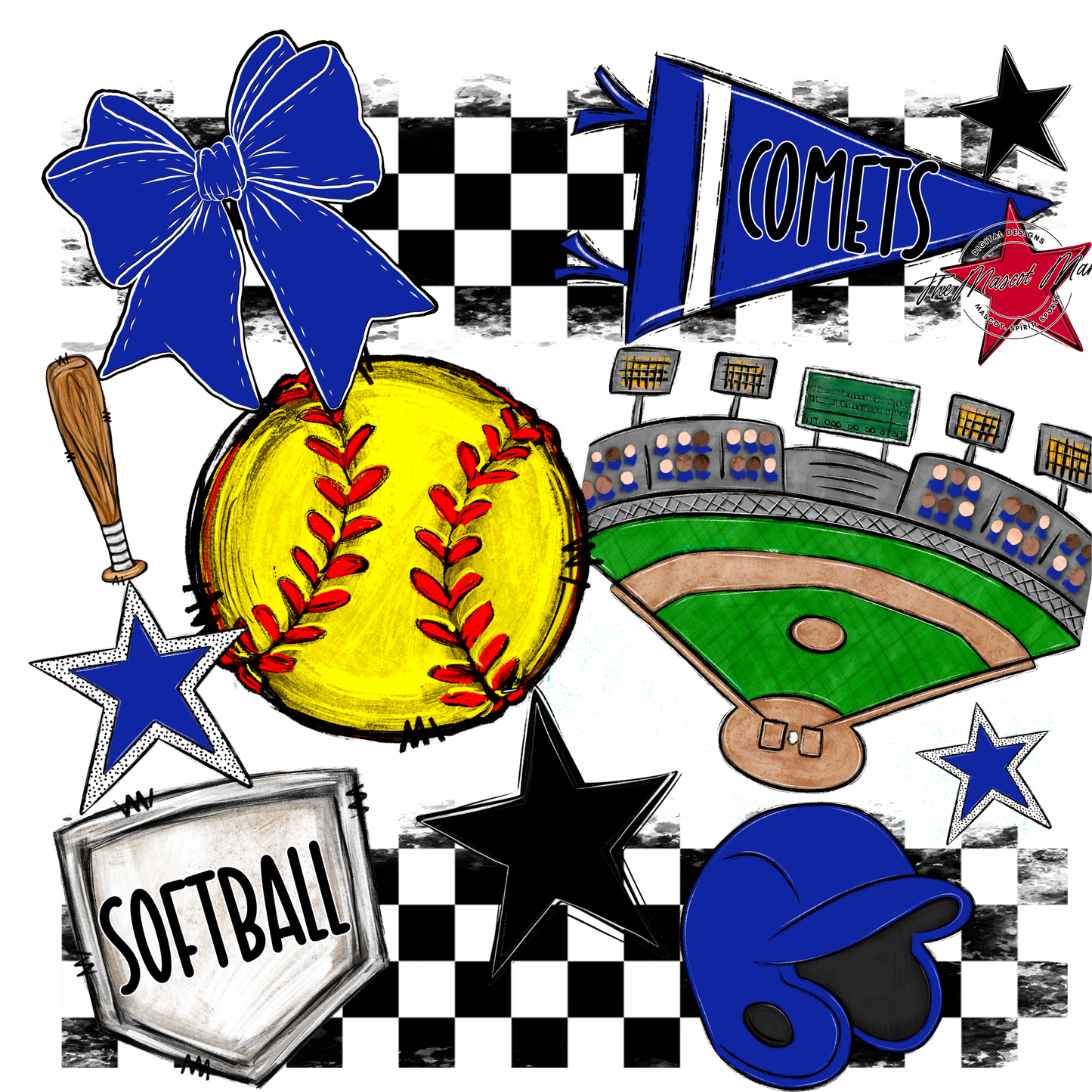 Comets Checkers Softball Spirit Design-Royal Blue